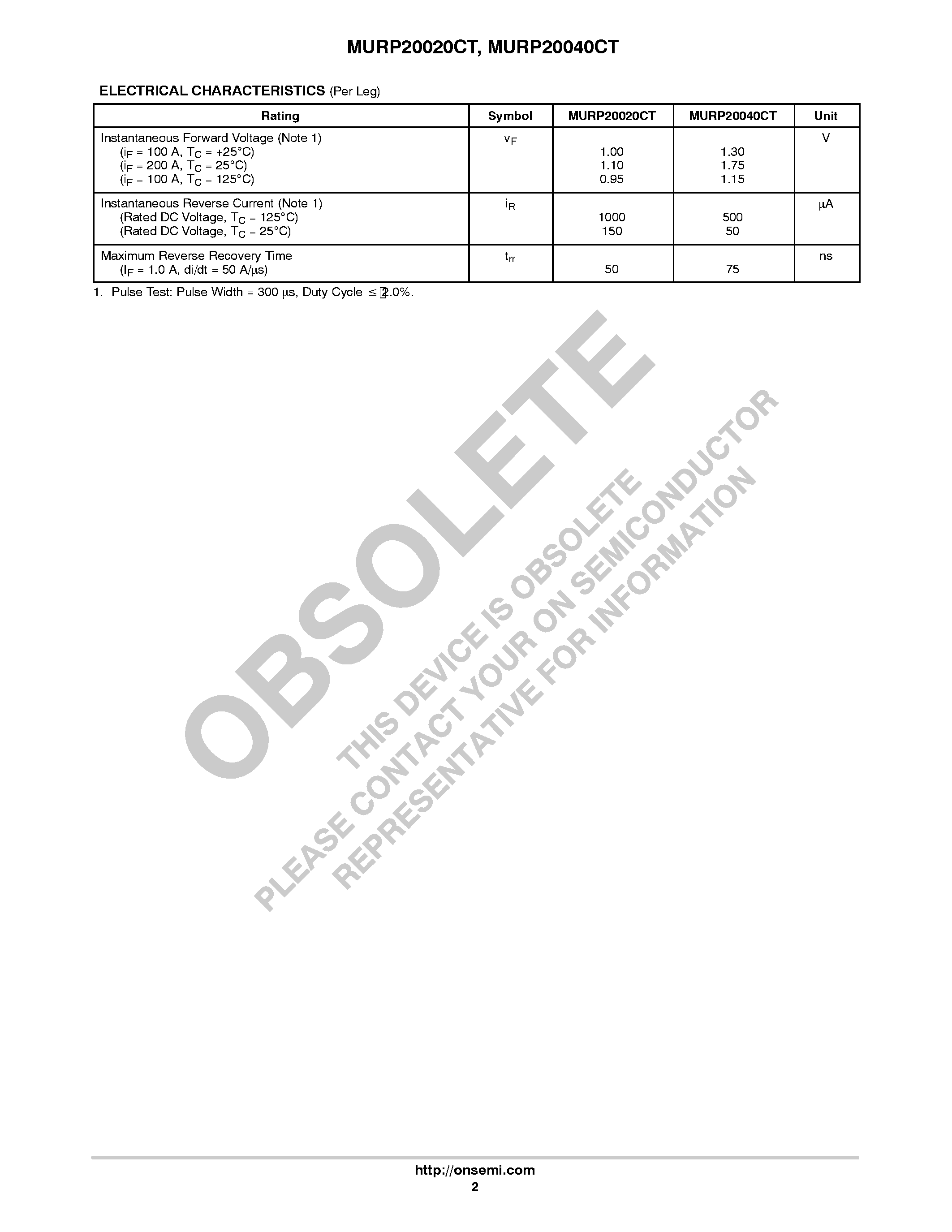 Datasheet MURP20020CT page 2 Datasheet MURP20020CT - (MURP20020CT / MURP20040CT) ULTRAFAST RECTIFIERS page 2