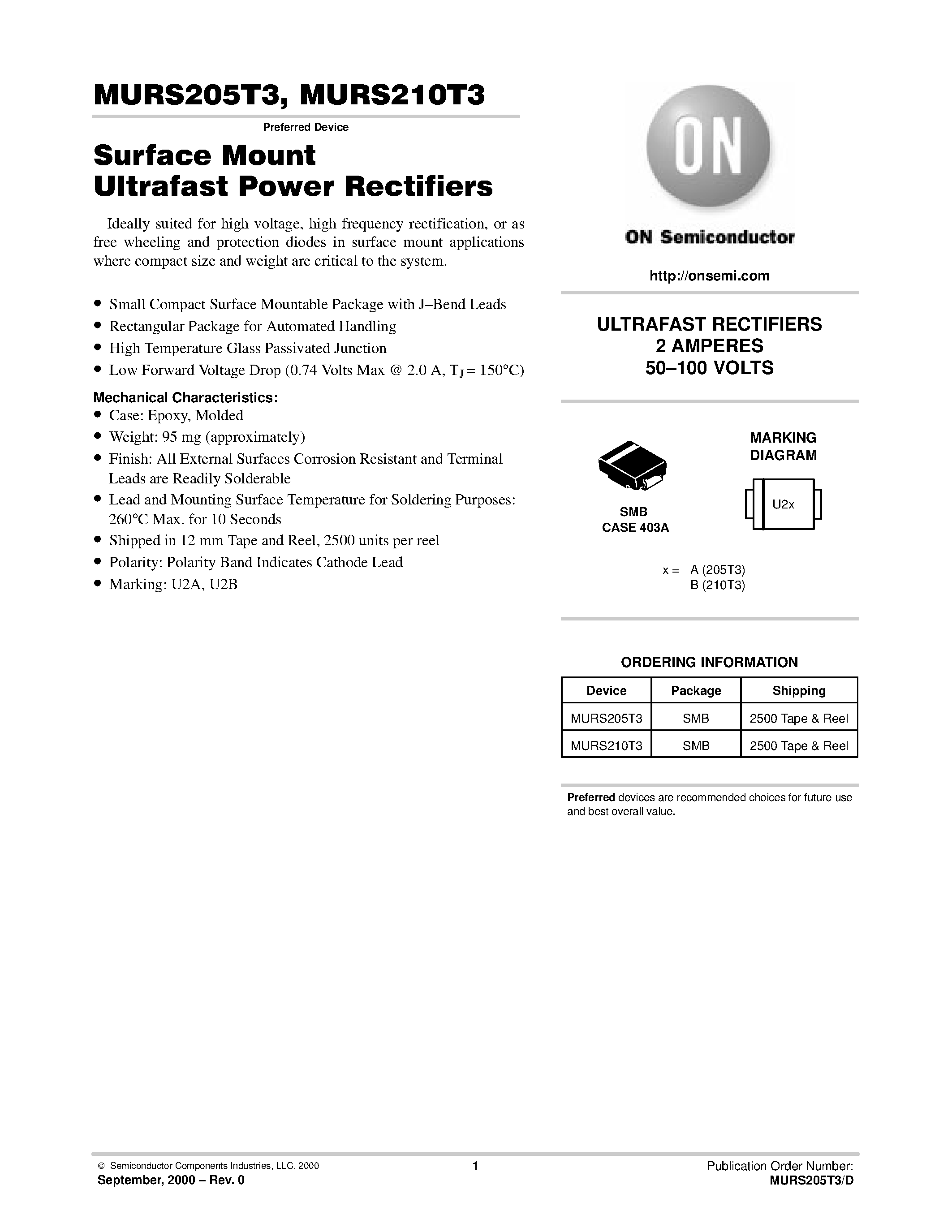 Datasheet MURS205T3 page 1 Datasheet MURS205T3 - (MURS205T3 / MURS210T3) Surface Mount Ultrafast Power Rectifiers page 1
