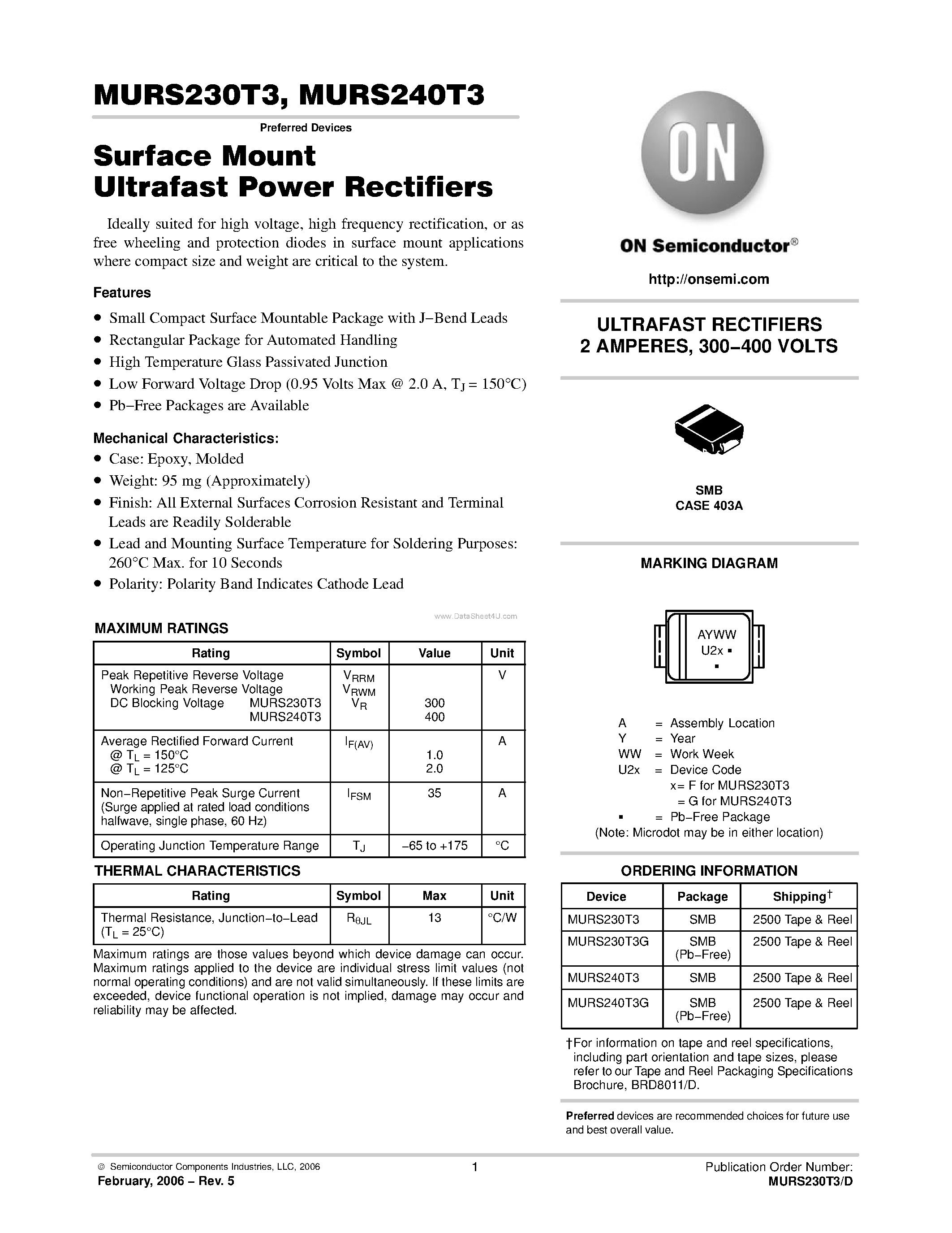 Datasheet MURS230T3 page 1 Datasheet MURS230T3 - (MURS230T3 / MURS240T3) ULTRAFAST RECTIFIERS page 1