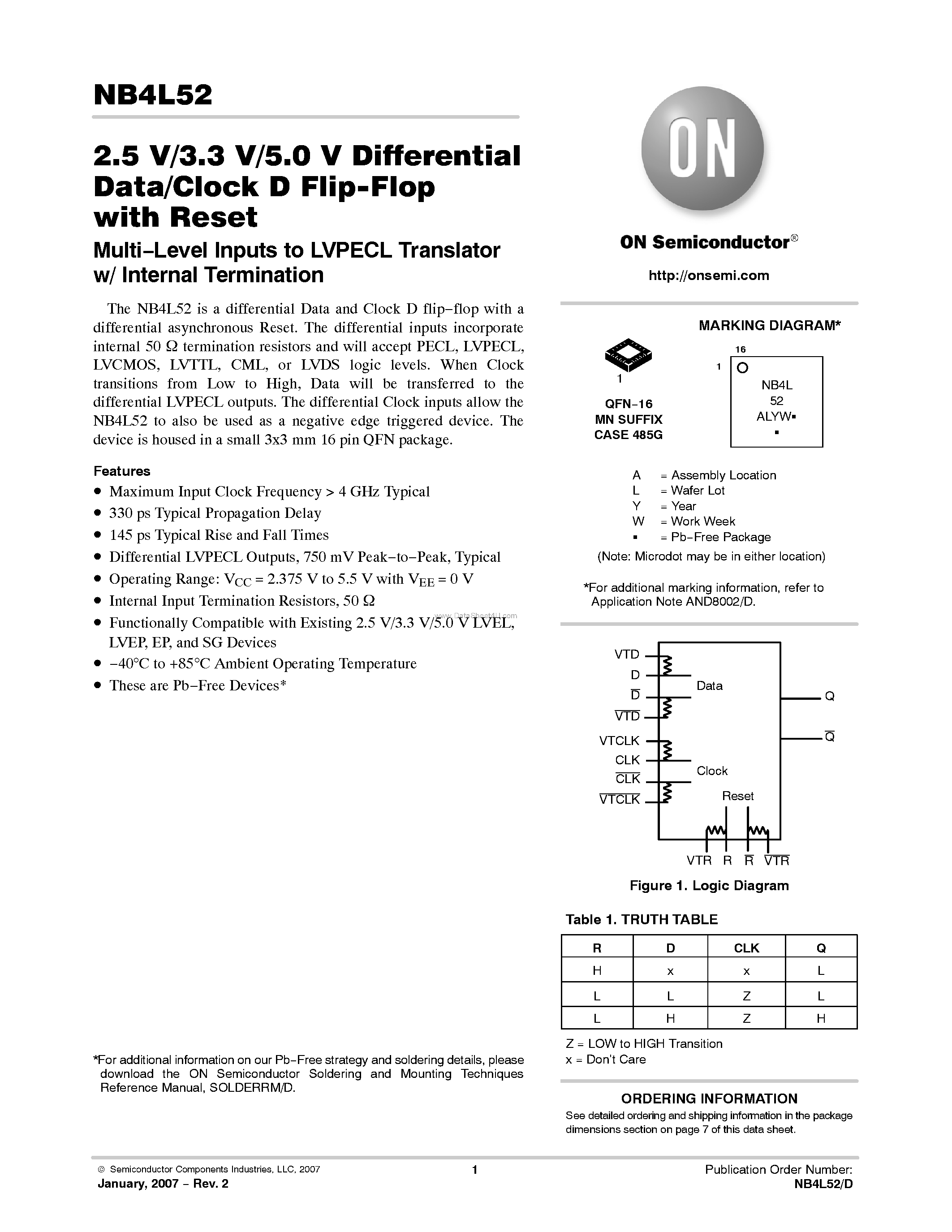 Даташит NB4L52 - Differential Data/Clock D Flip-Flop страница 1