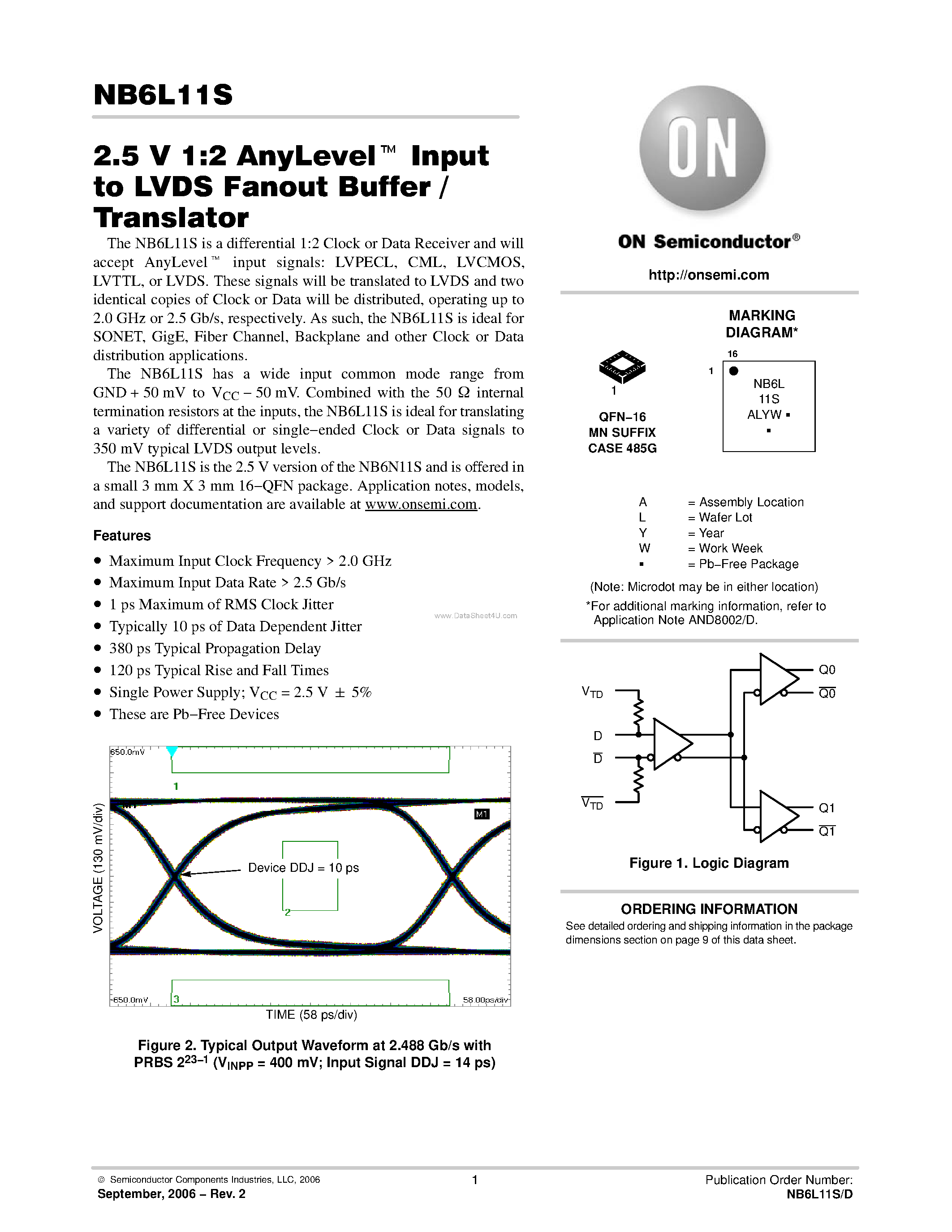 Datasheet NB6L11S - Input to LVDS Fanout Buffer / Translator page 1