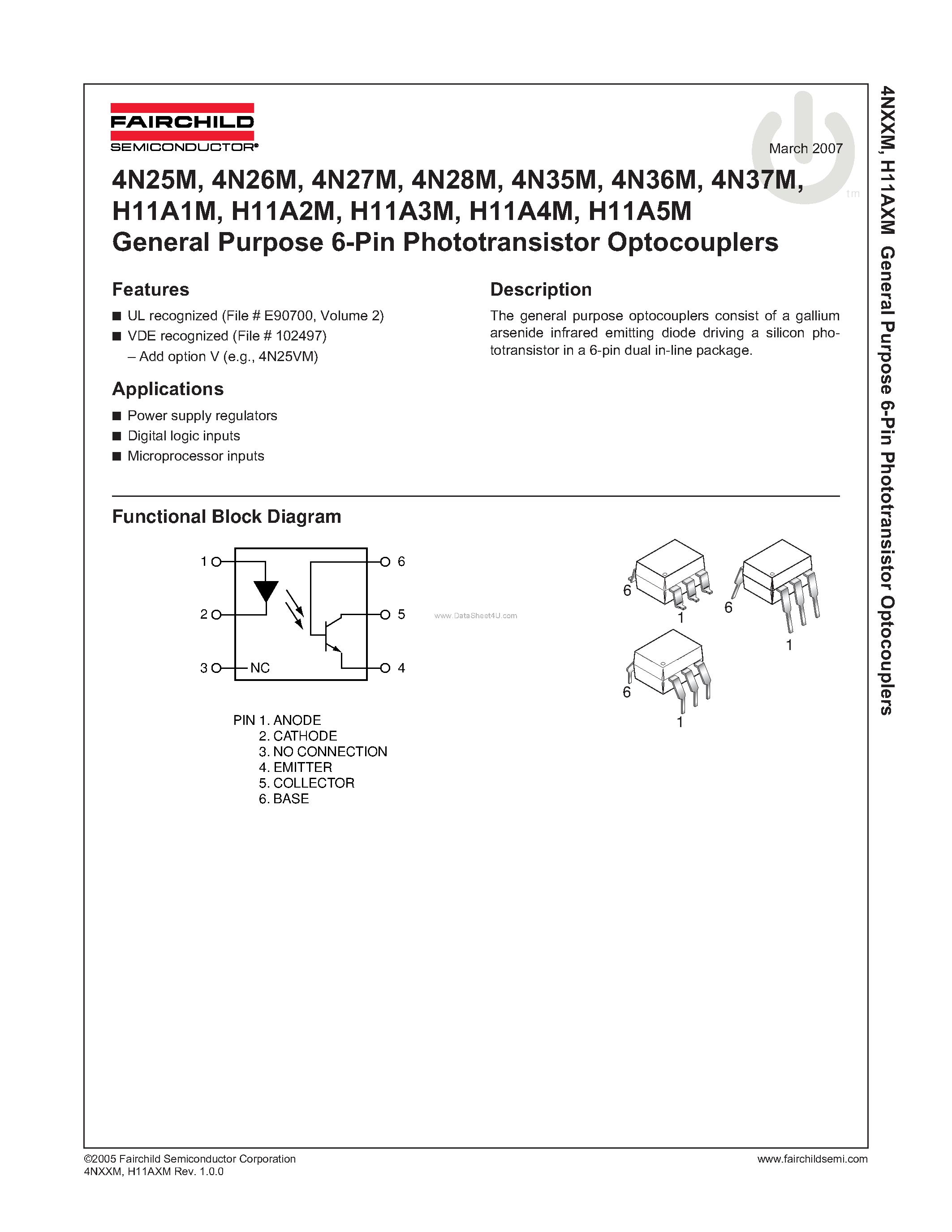 Datasheet 4N25M - (4N25M - 4N37M) General Purpose 6-Pin Phototransistor Optocouplers page 1