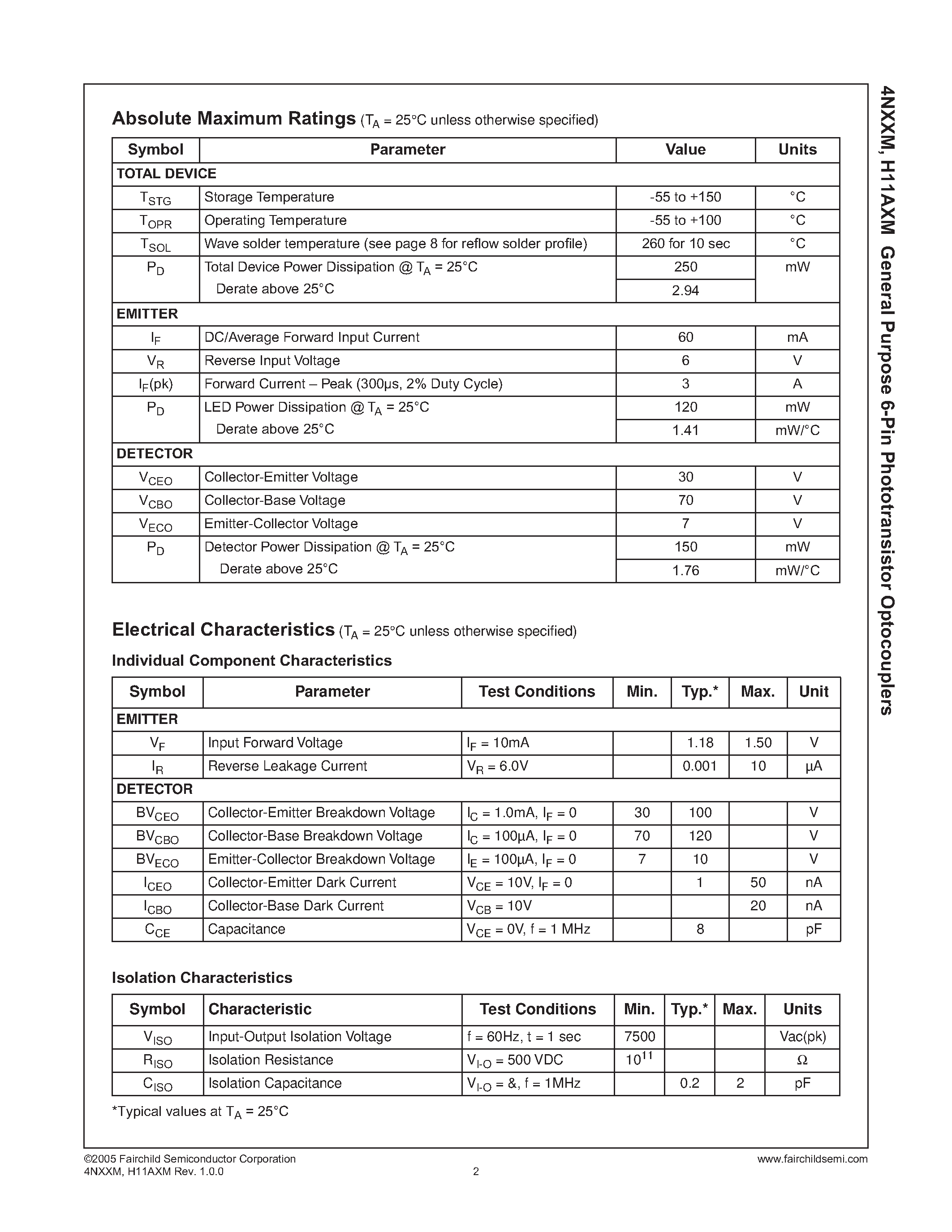 Datasheet 4N25M - (4N25M - 4N37M) General Purpose 6-Pin Phototransistor Optocouplers page 2