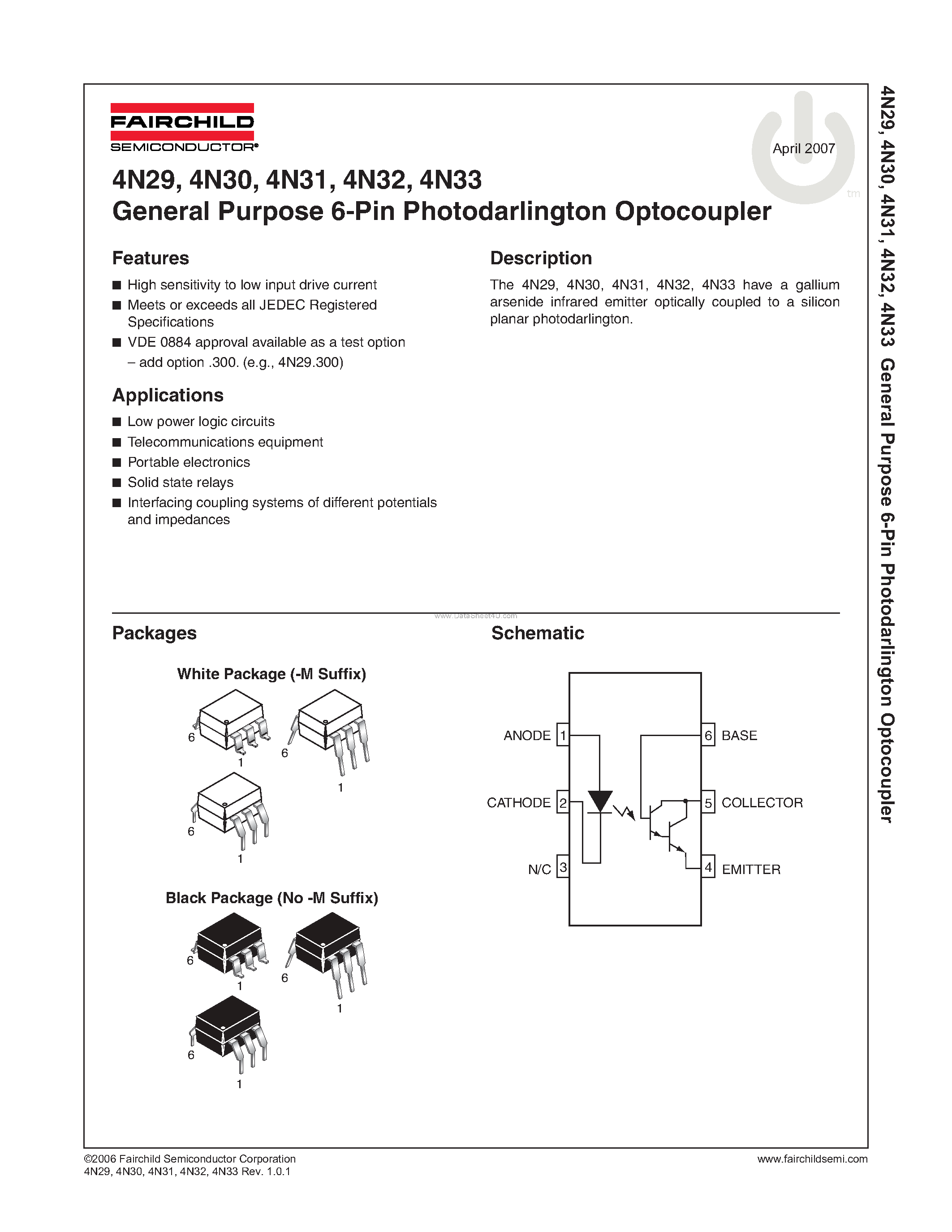 Даташит на микросхему 4N30 страница 1 Даташит 4N30 - (4N30 - 4N3) General Purpose 6-Pin Photodarlington Optocoupler страница 1