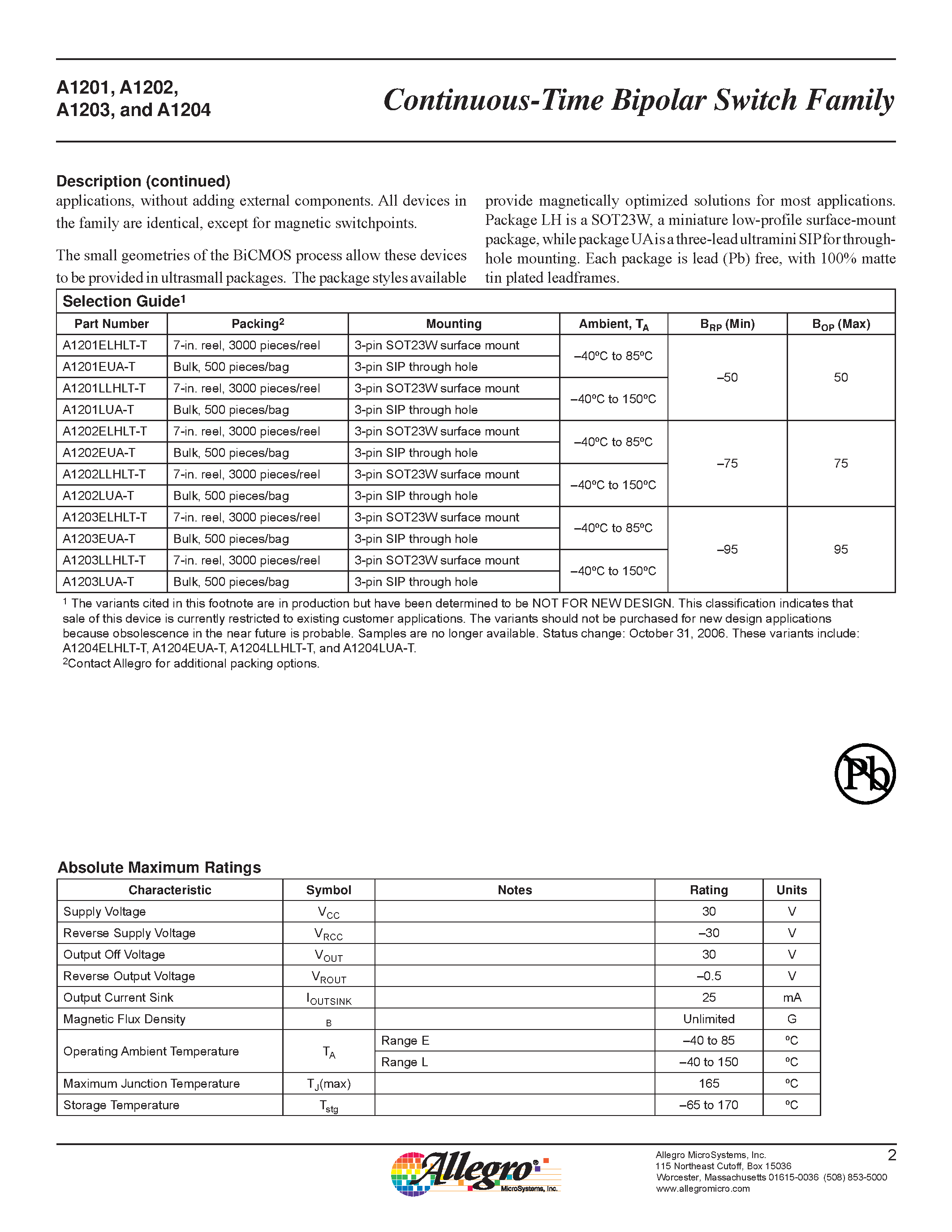 Даташит A1201 - (A1201 - A1204) Continuous-Time Bipolar Switch Family страница 2