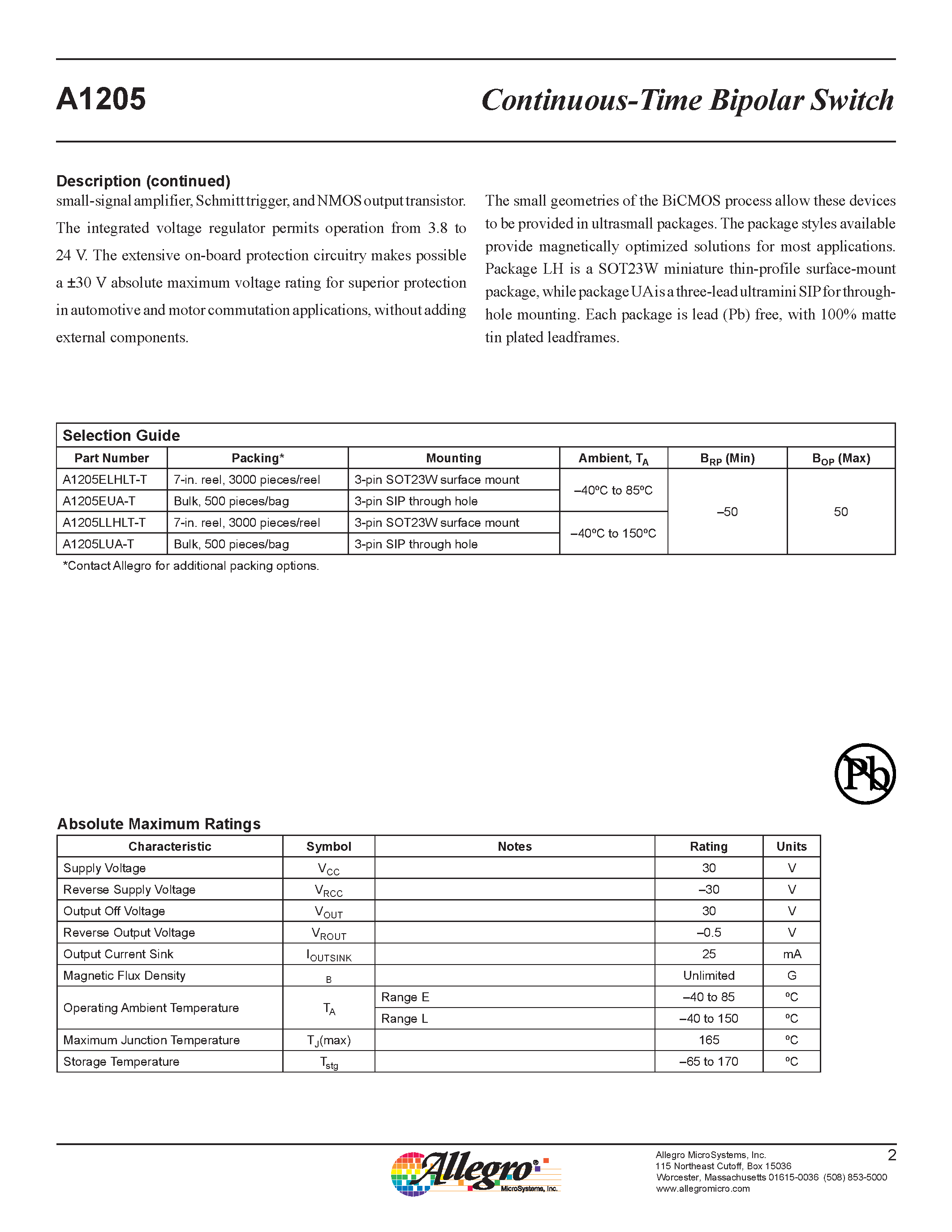 Даташит A1205 - Continuous-Time Bipolar Switch страница 2