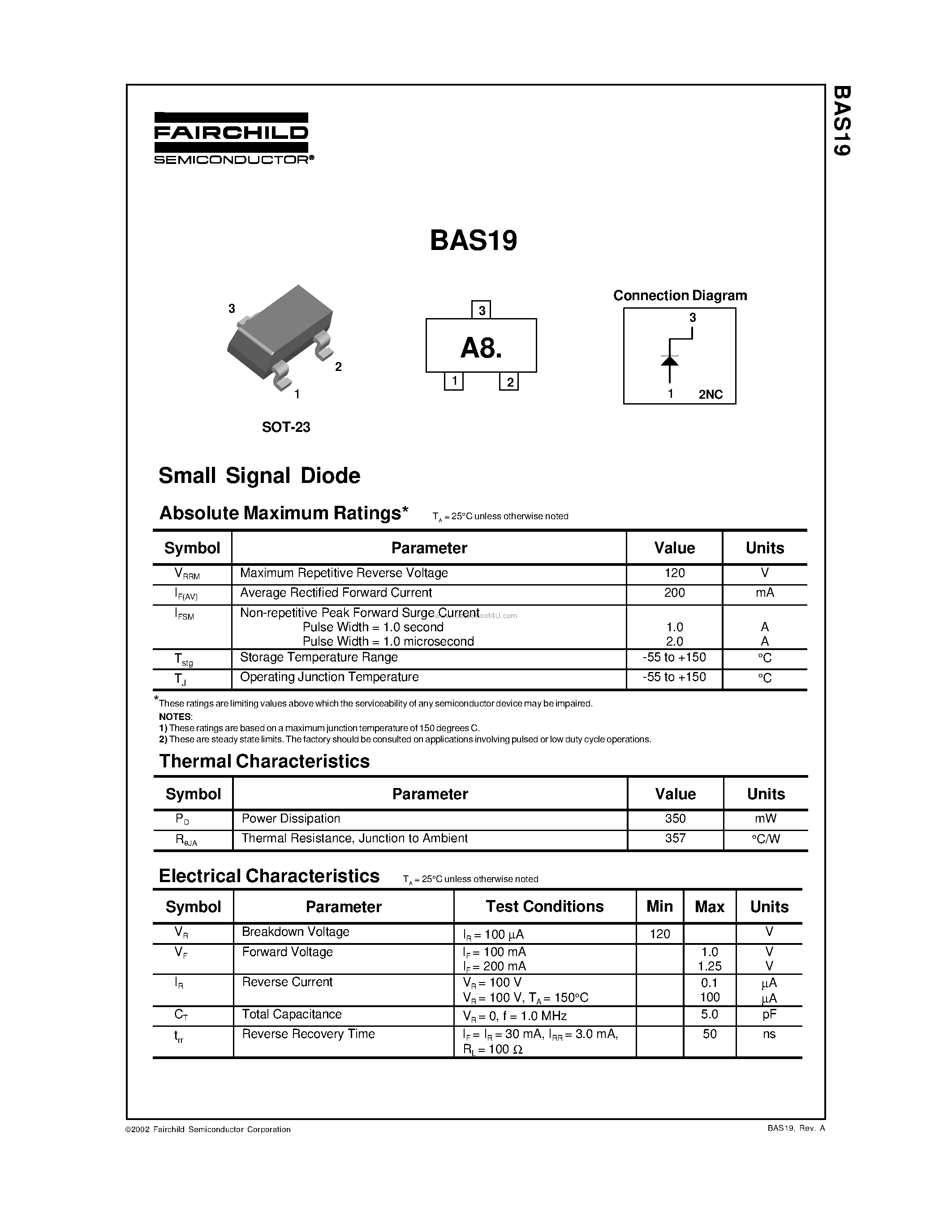 Datasheet BAS19 page 1 Datasheet BAS19 - Small Signal Diode page 1