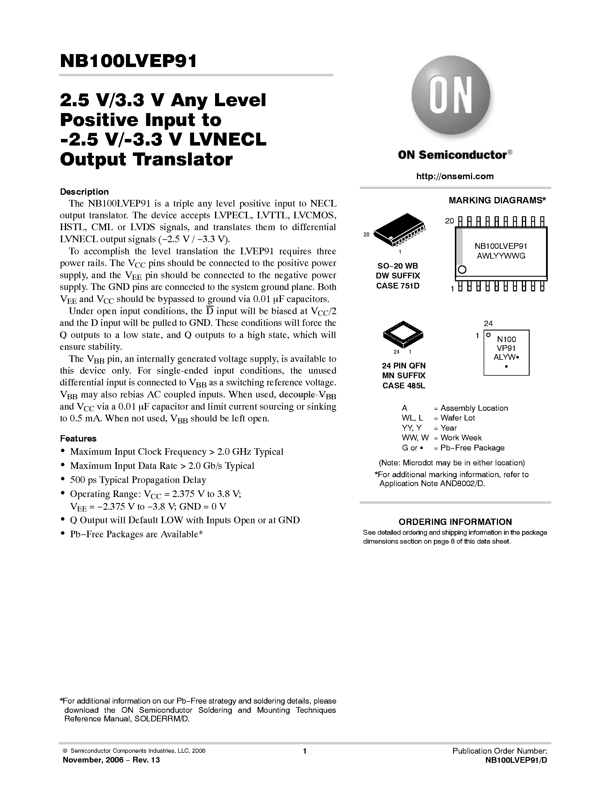 Datasheet NB100LVEP91 - Any Level Positive Input to -2.5 V/-3.3 V LVNECL Output Translator page 1