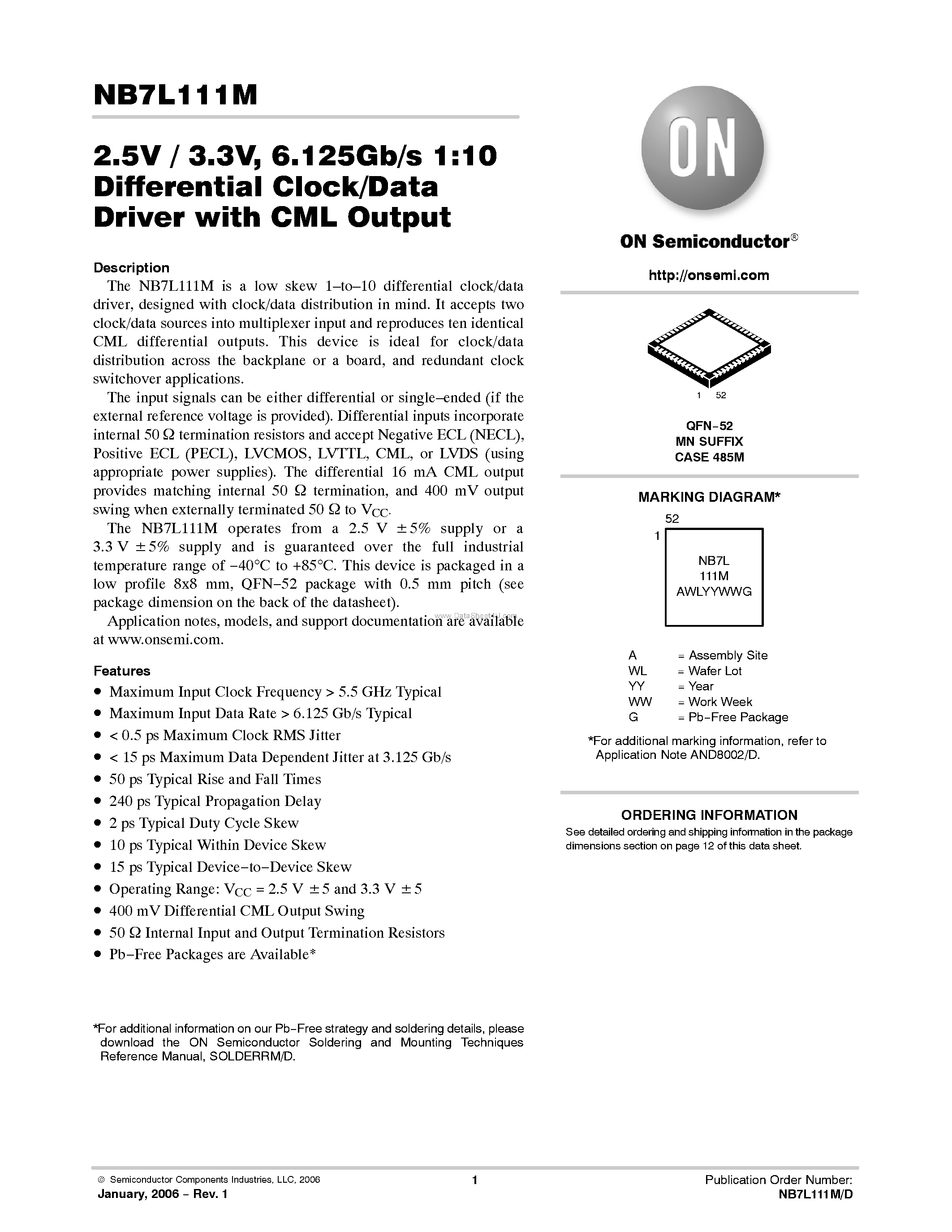 Datasheet NB7L111M - 6.125Gb/s 1:10 Differential Clock/Data Driver page 1