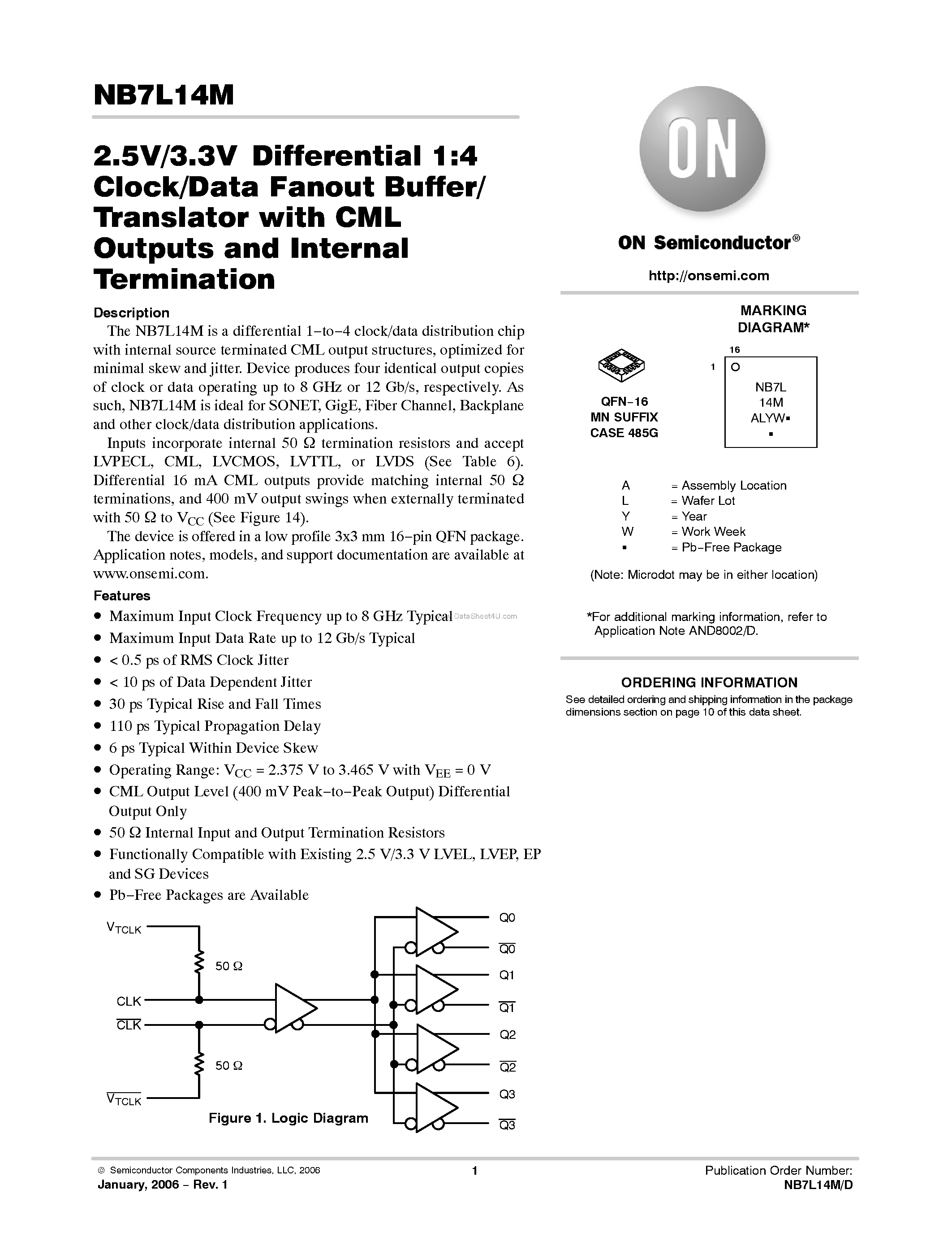 Datasheet NB7L14M - Differential 1:4 Clock/Data Fanout Buffer/Translator page 1