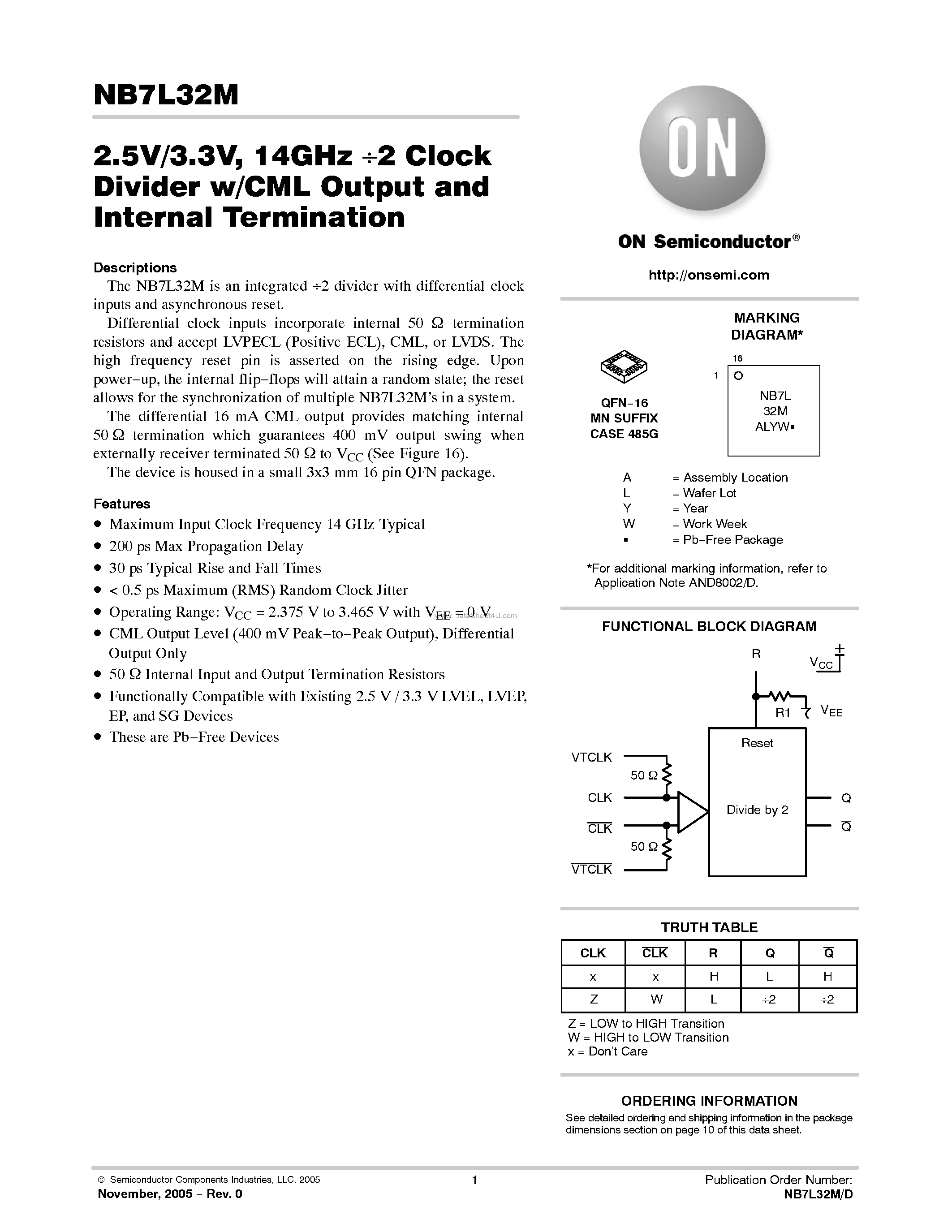 Datasheet NB7L32M - Clock Divider w/CML Output and Internal Termination page 1