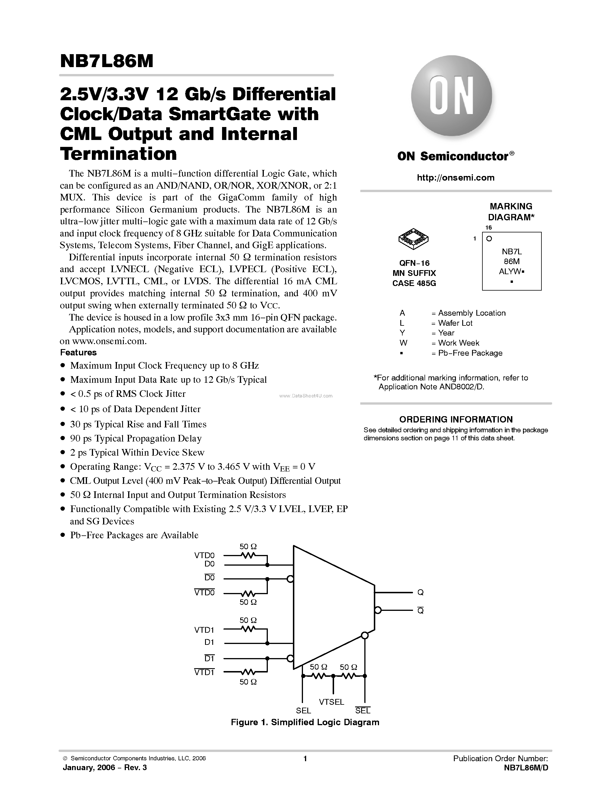 Datasheet NB7L86M - 12 Gb/s Differential Clock/Data SmartGate page 1