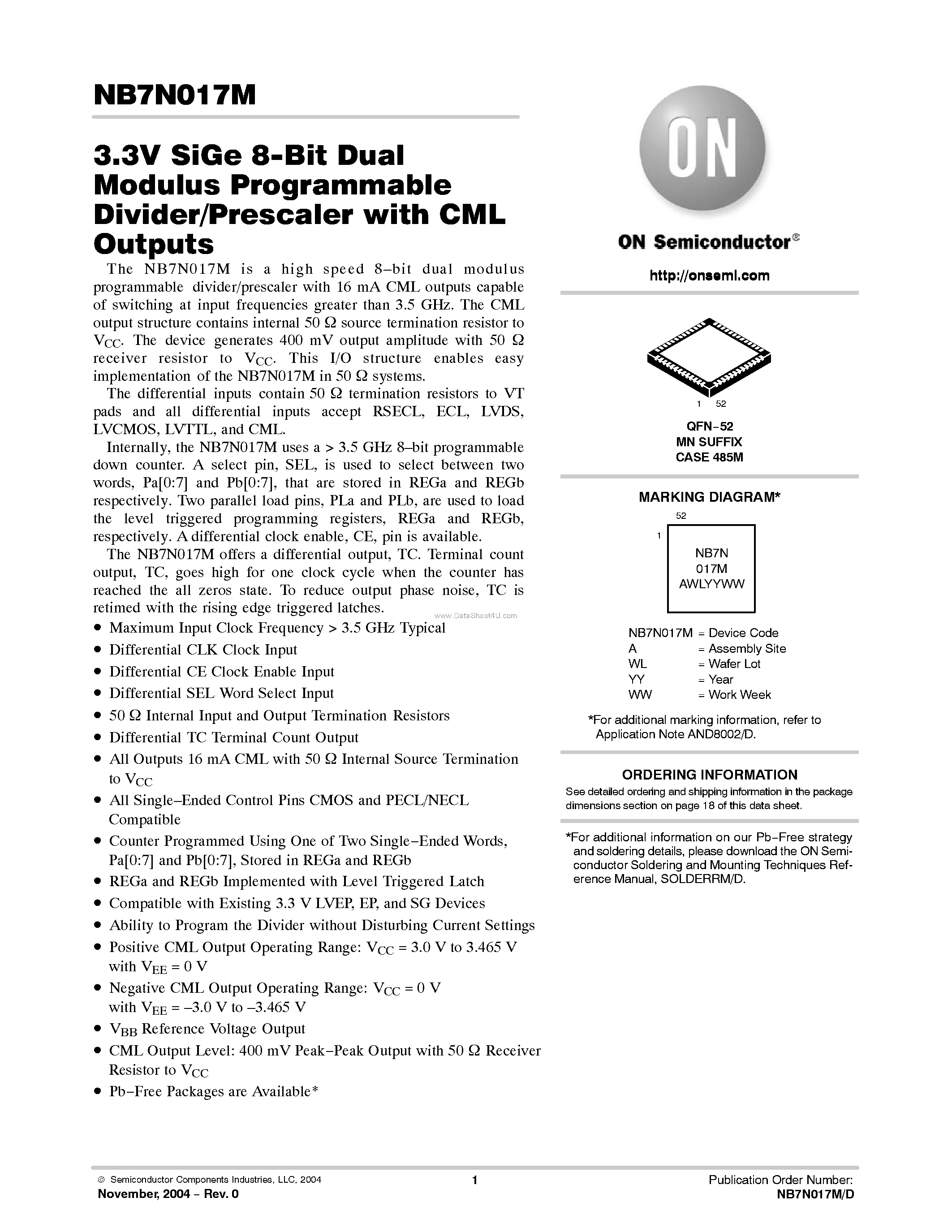 Datasheet NB7N017M - 3.3V SiGe 8-Bit Dual Modulus Programmable Divider/Prescaler page 1