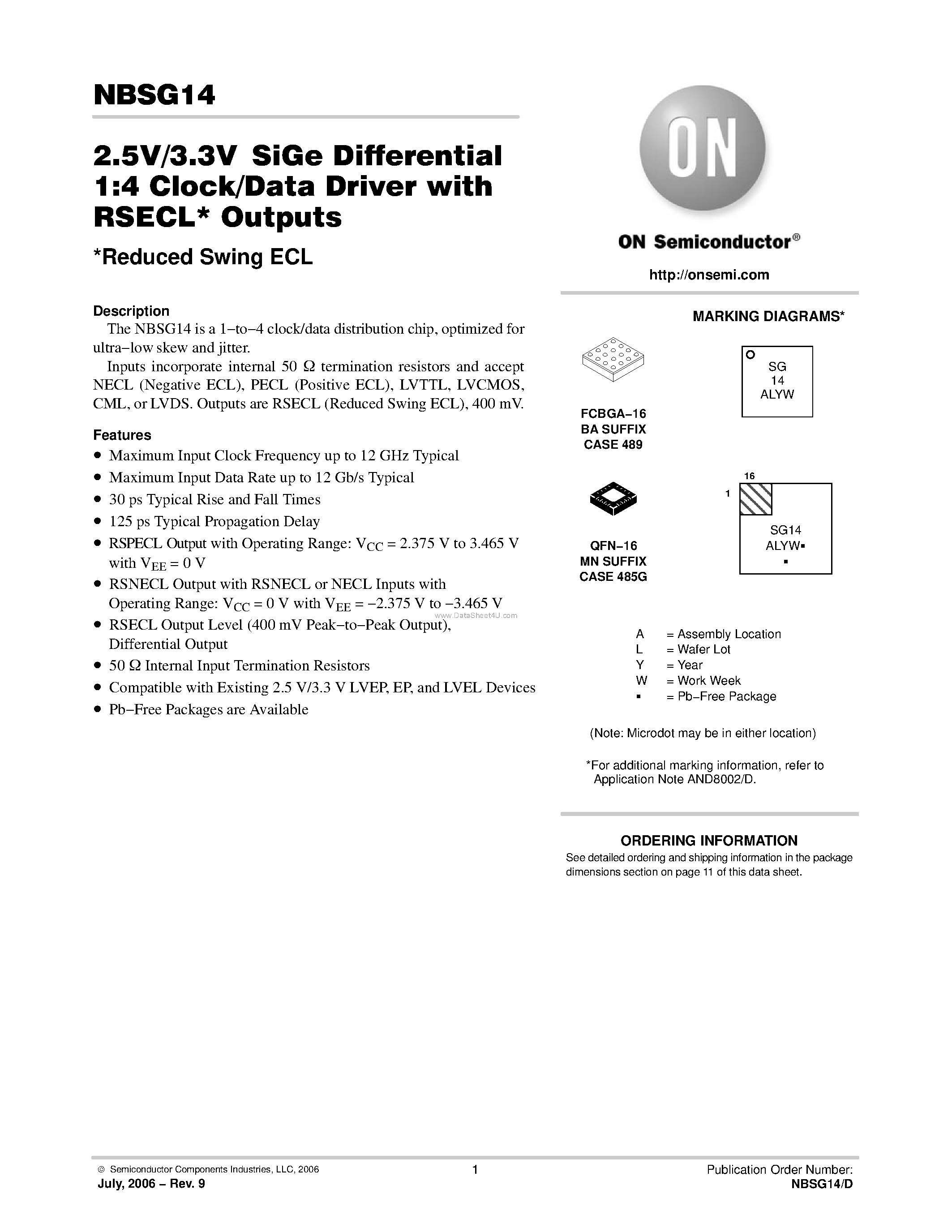 Datasheet NBSG14 - SiGe Differential 1:4 Clock/Data Driver page 1