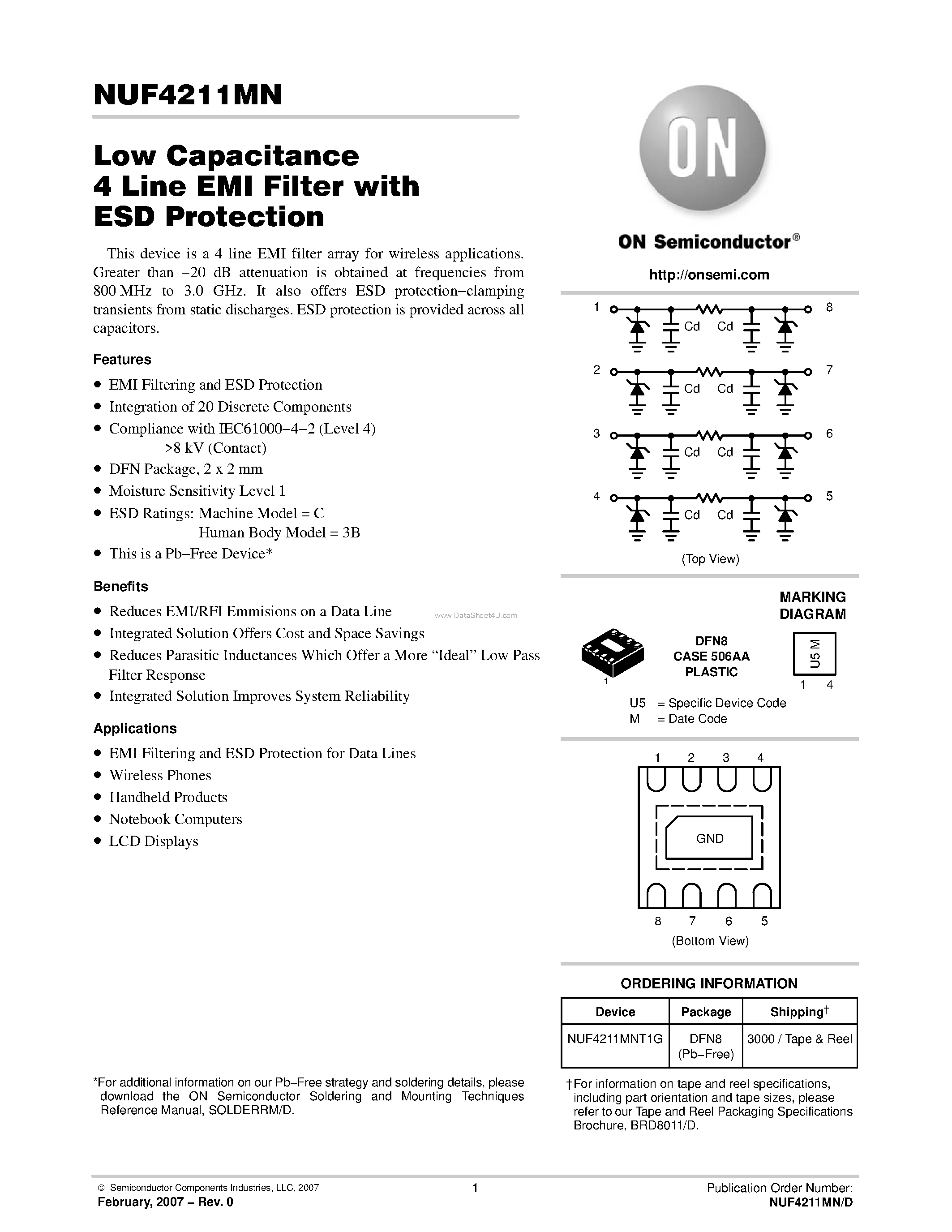 Datasheet NUF4211MN - Low Capacitance 4 Line EMI Filter page 1