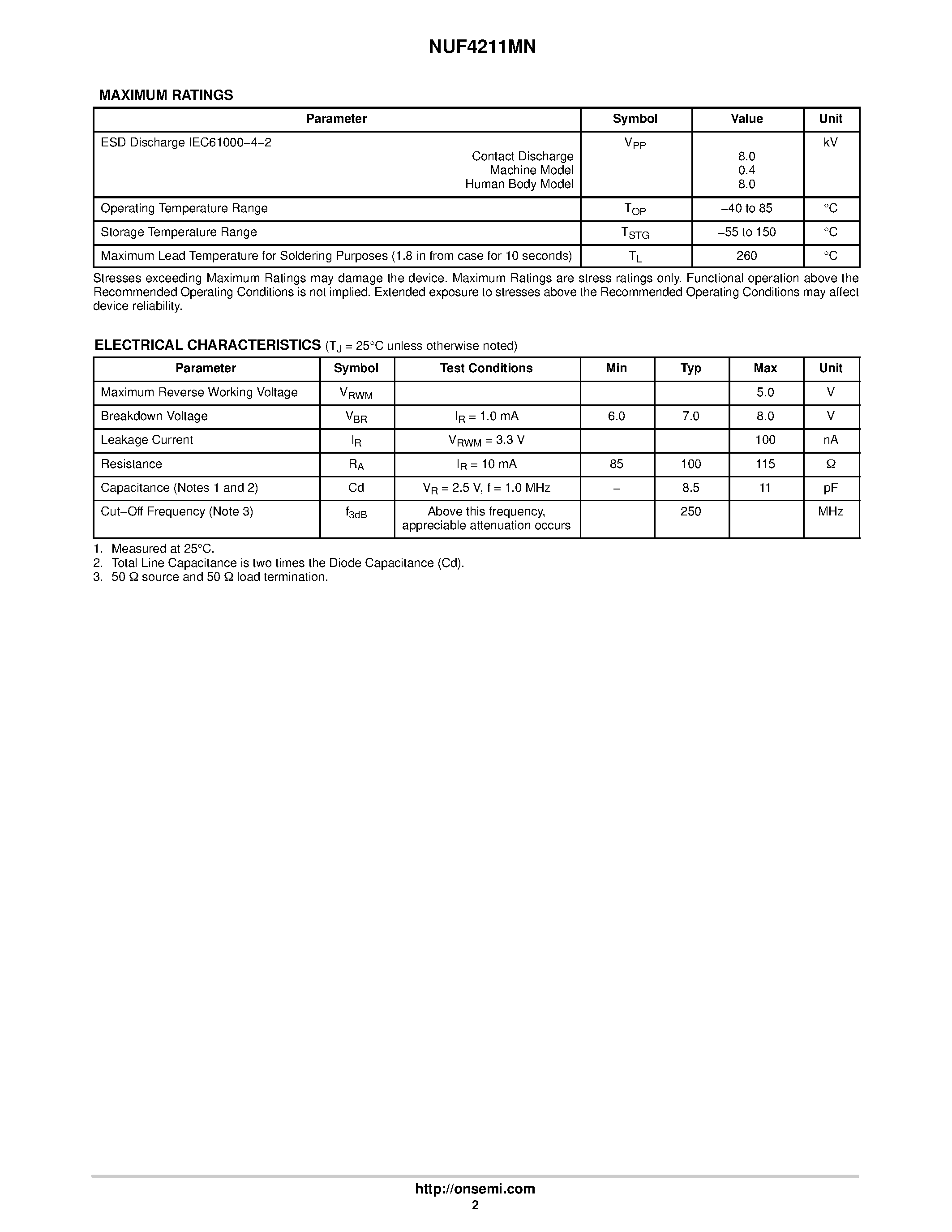 Datasheet NUF4211MN - Low Capacitance 4 Line EMI Filter page 2