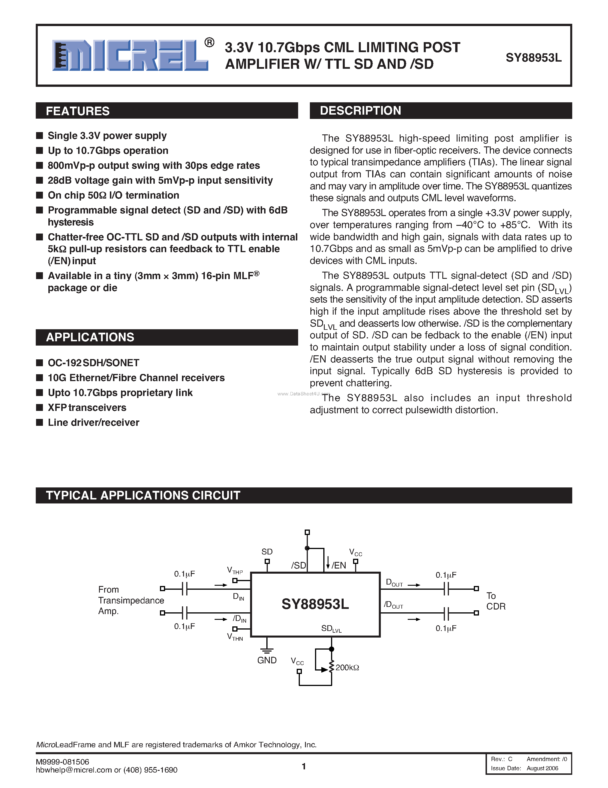 Даташит SY88953L - CML LIMITING POST AMPLIFIER W/ TTL SD AND /SD страница 1