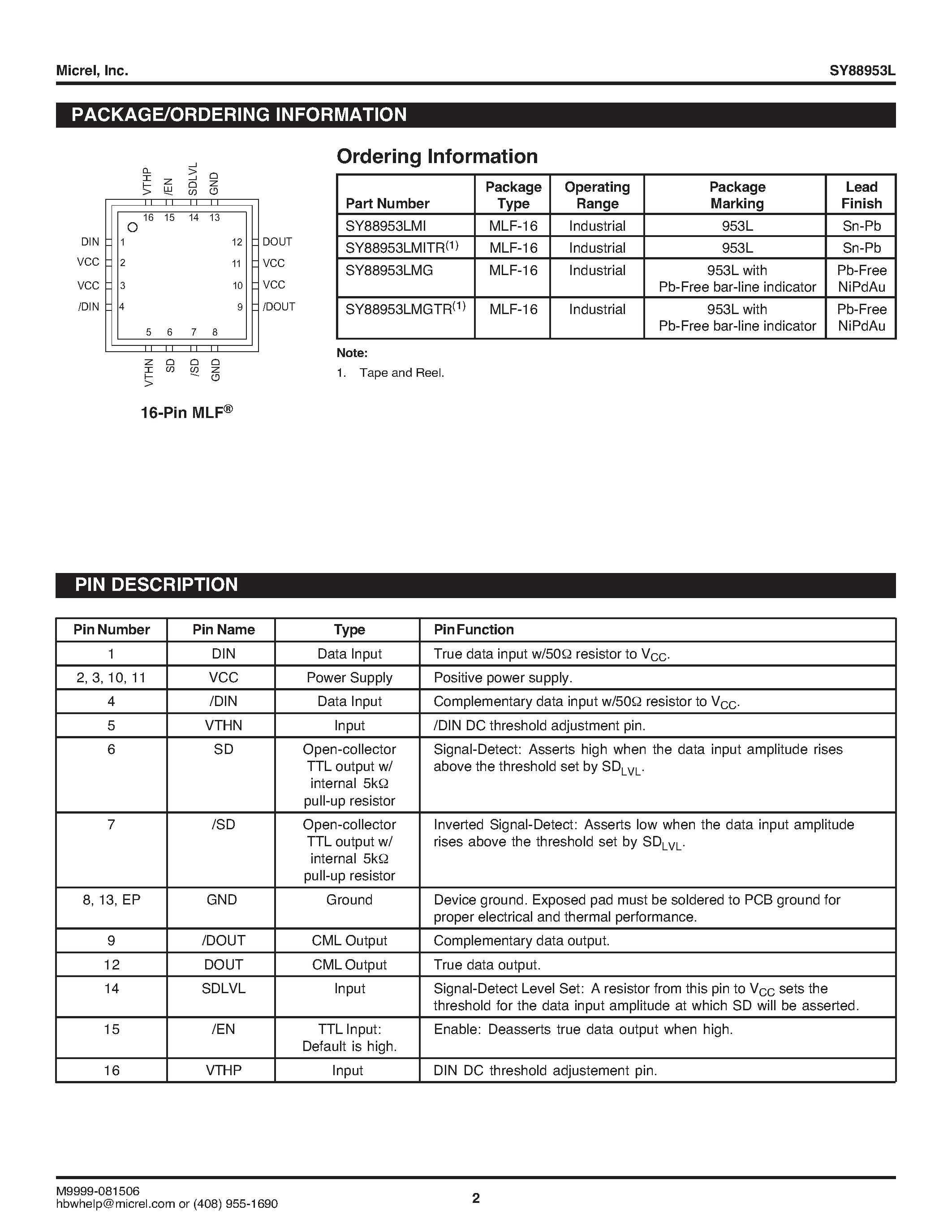 Datasheet SY88953L - CML LIMITING POST AMPLIFIER W/ TTL SD AND /SD page 2