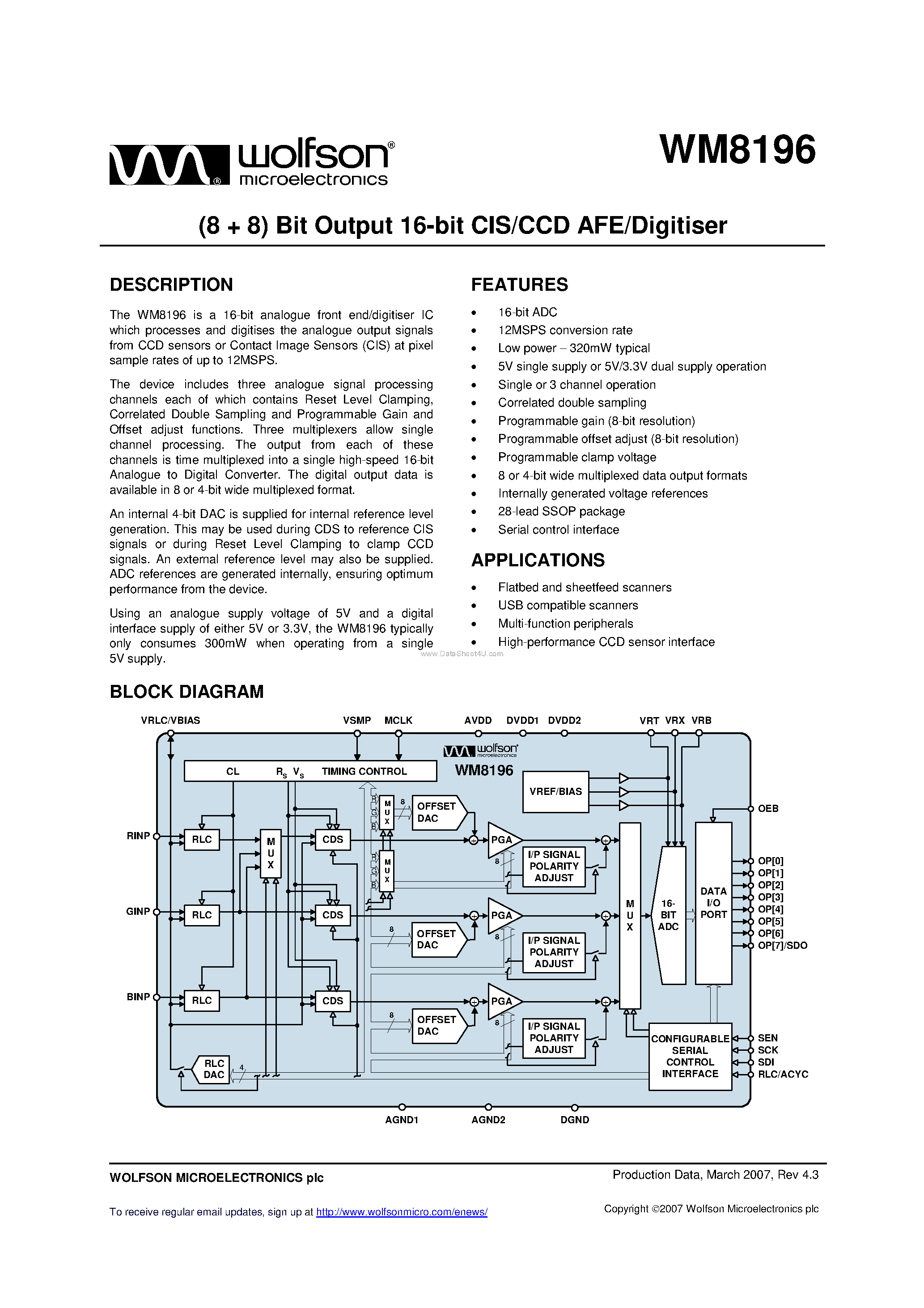 Datasheet WM8196 - (8 + 8) Bit Output 16-bit CIS/CCD AFE/Digitiser page 1