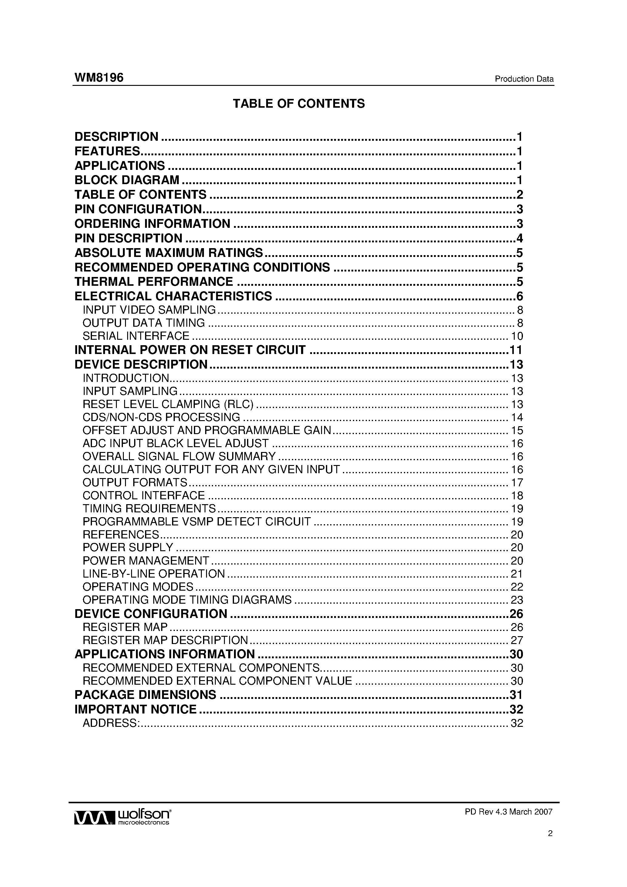 Datasheet WM8196 - (8 + 8) Bit Output 16-bit CIS/CCD AFE/Digitiser page 2