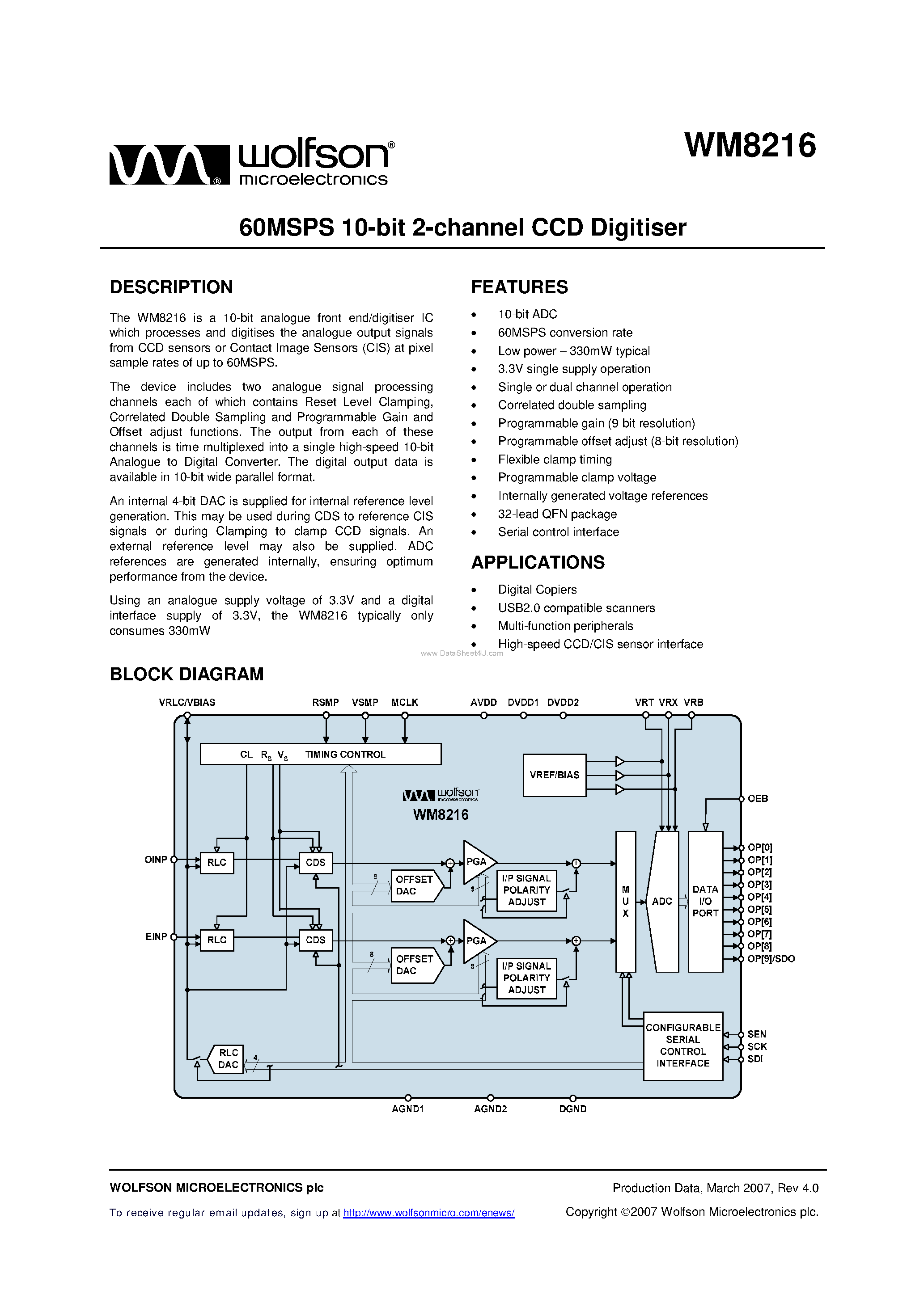 Datasheet WM8216 page 1 Datasheet WM8216 - 60MSPS 10-bit 2-channel CCD Digitiser page 1