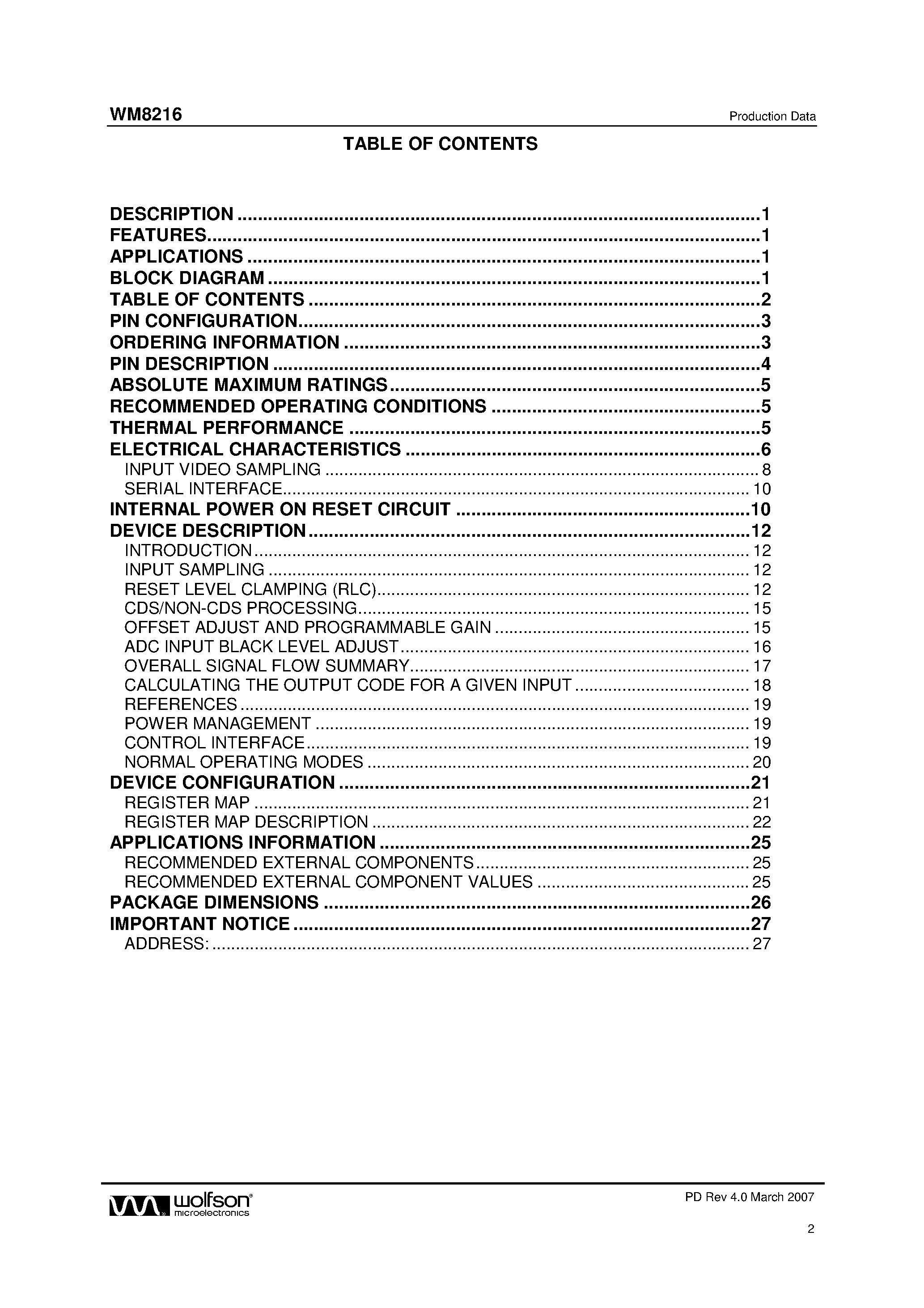 Datasheet WM8216 page 2 Datasheet WM8216 - 60MSPS 10-bit 2-channel CCD Digitiser page 2
