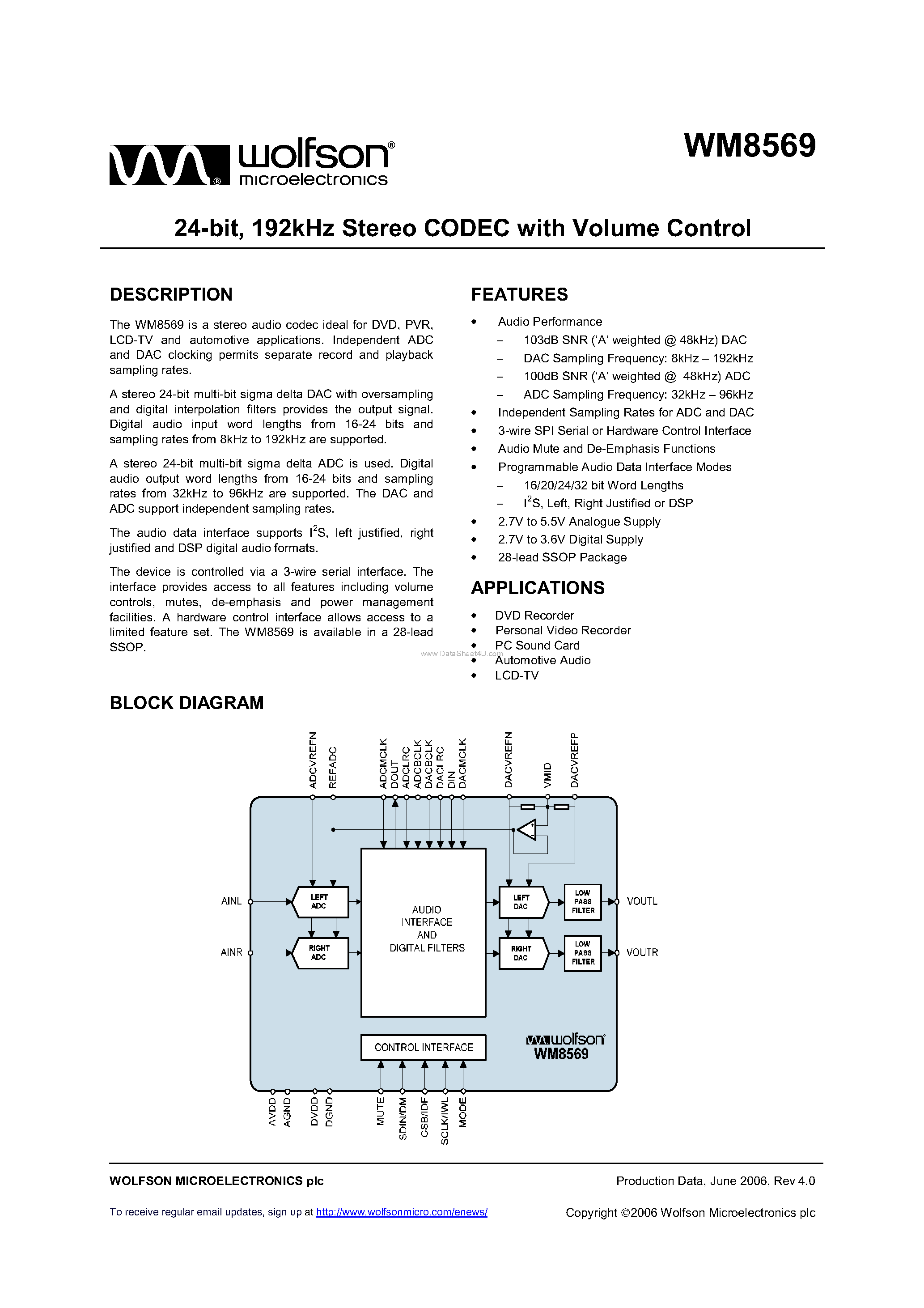 Datasheet WM8569 page 1 Datasheet WM8569 - Stereo CODEC page 1