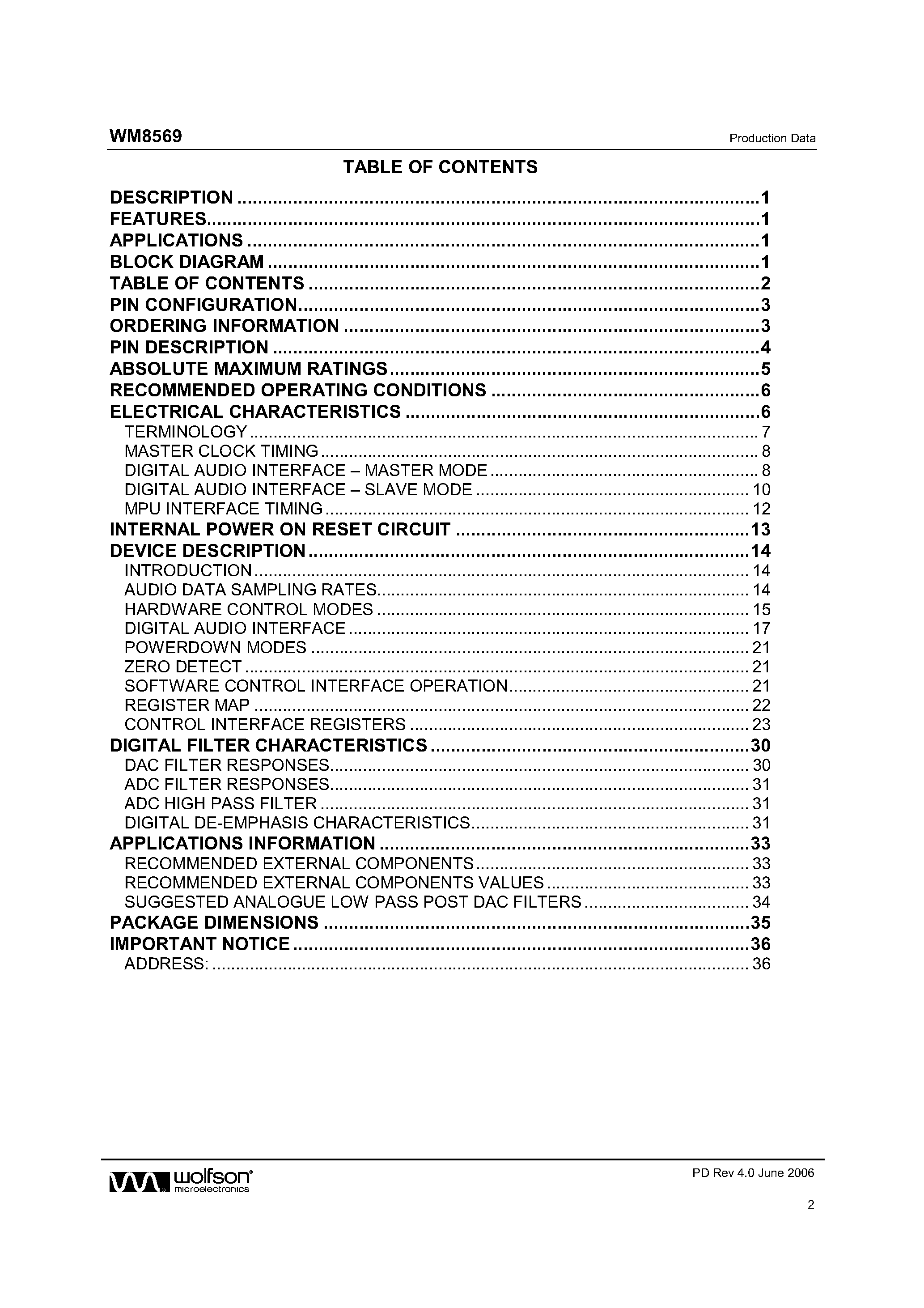 Datasheet WM8569 page 2 Datasheet WM8569 - Stereo CODEC page 2