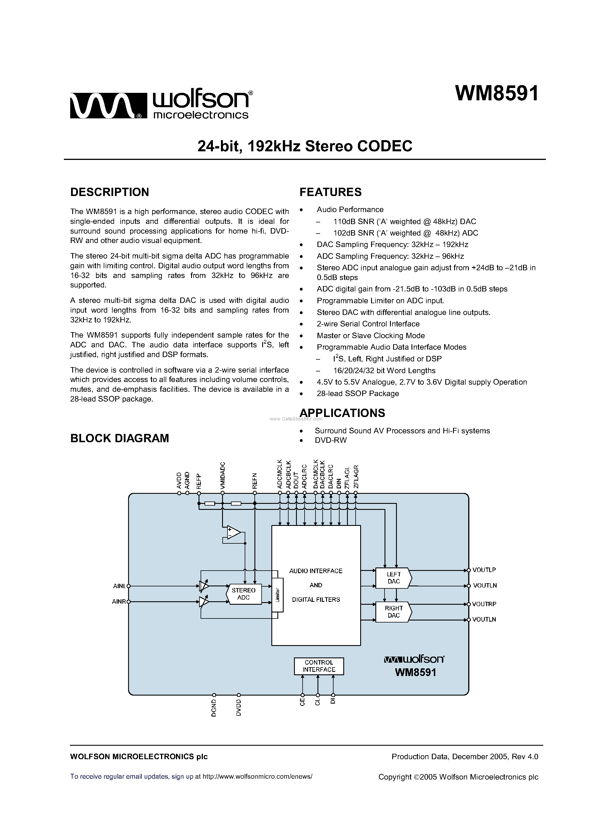 Datasheet WM8591 page 1 Datasheet WM8591 - Stereo CODEC page 1
