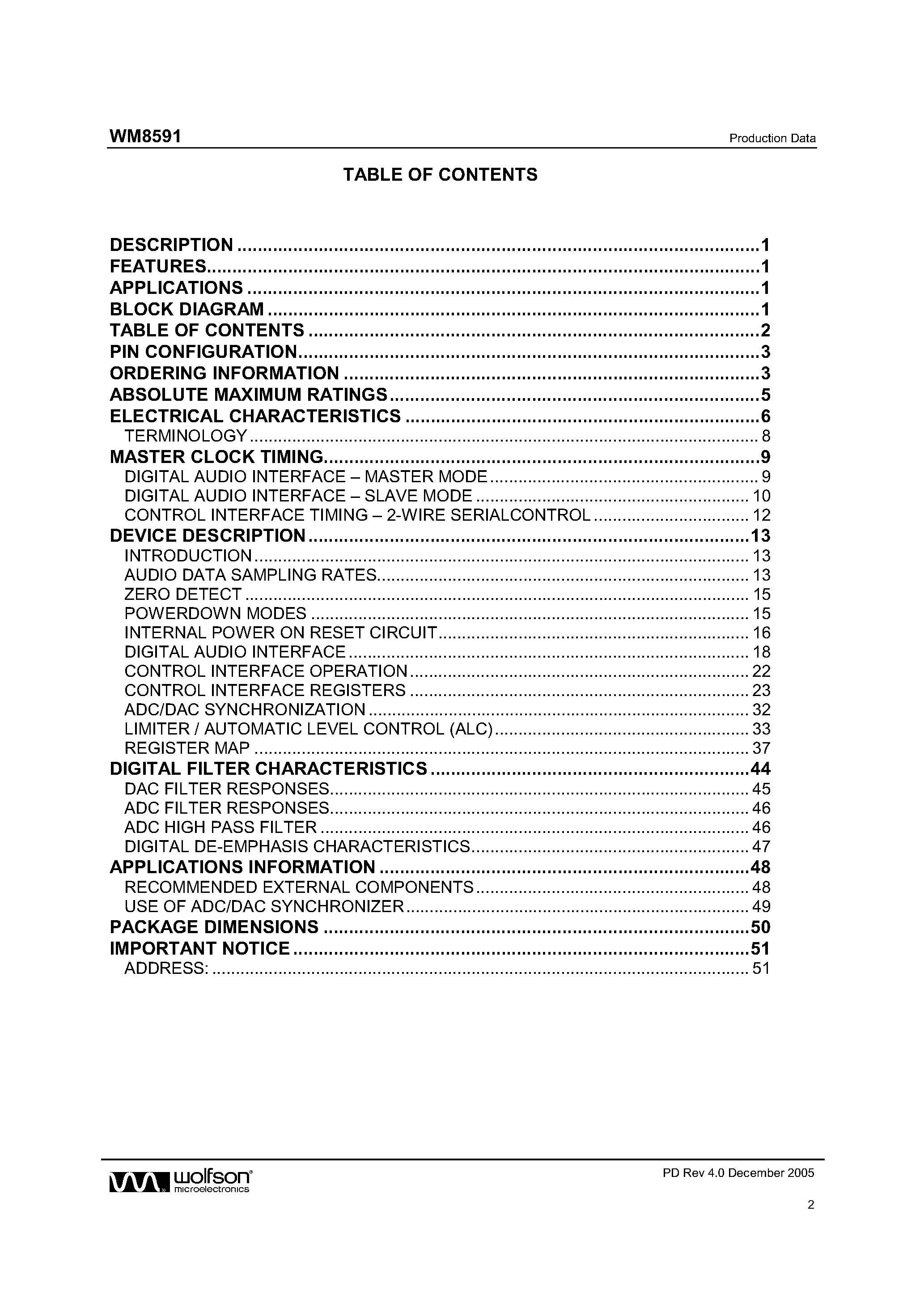 Datasheet WM8591 page 2 Datasheet WM8591 - Stereo CODEC page 2
