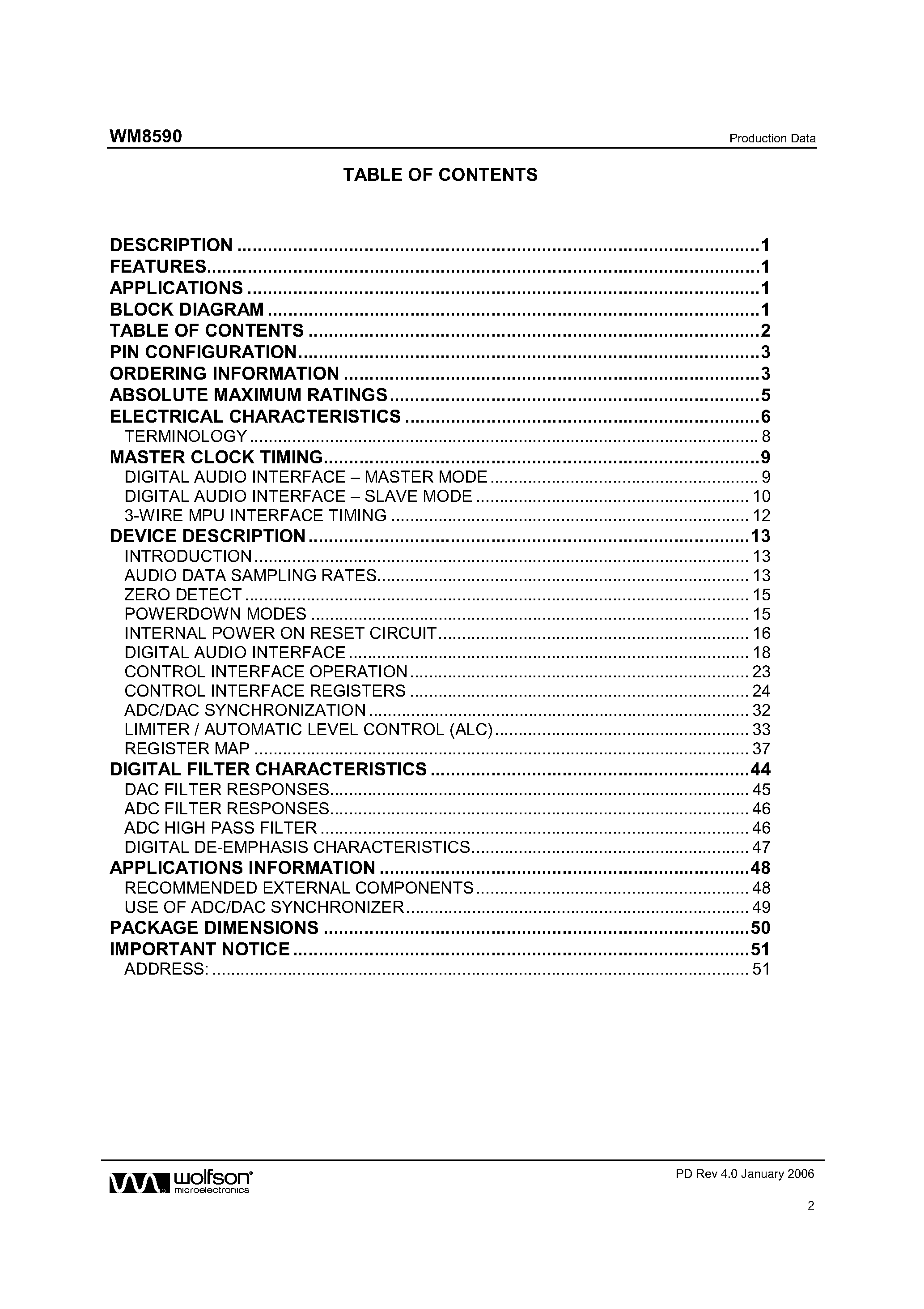 Datasheet WM8590 page 2 Datasheet WM8590 - 192kHz Stereo CODEC page 2