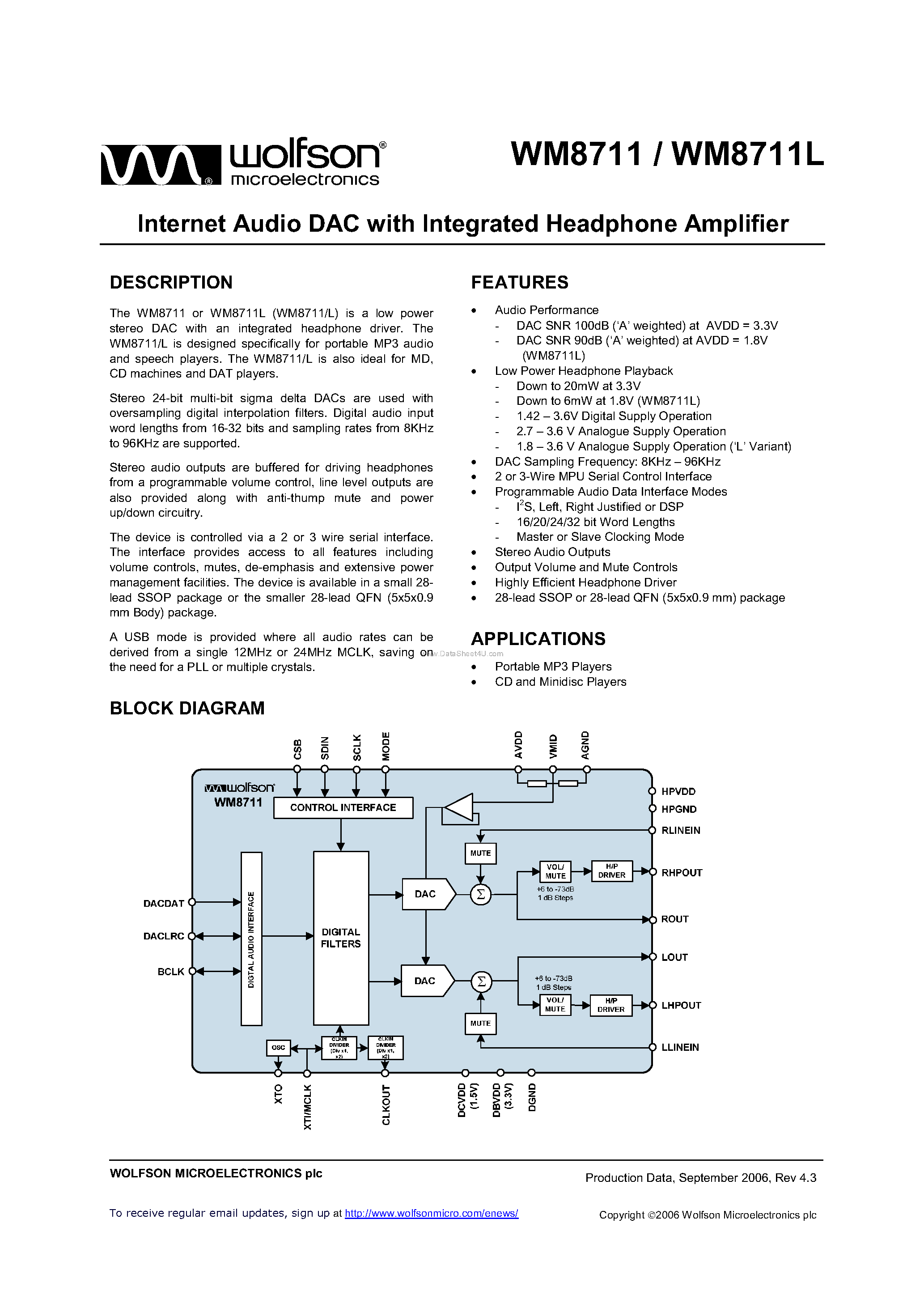 Datasheet WM8711L - Internet Audio DAC page 1