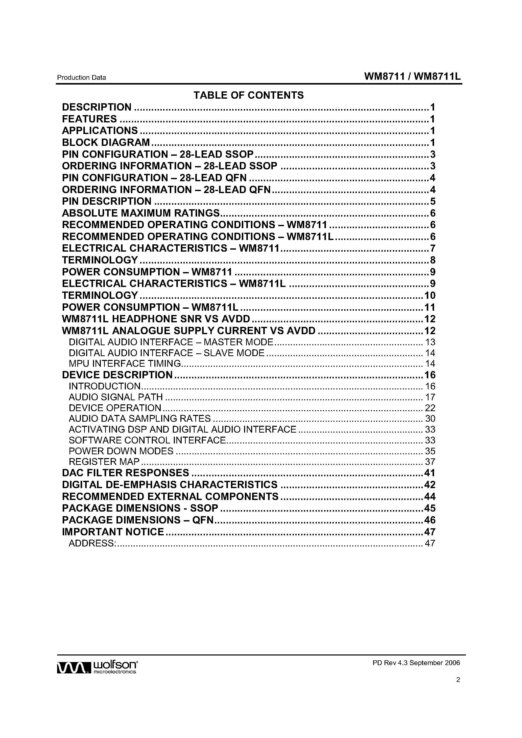 Datasheet WM8711L - Internet Audio DAC page 2