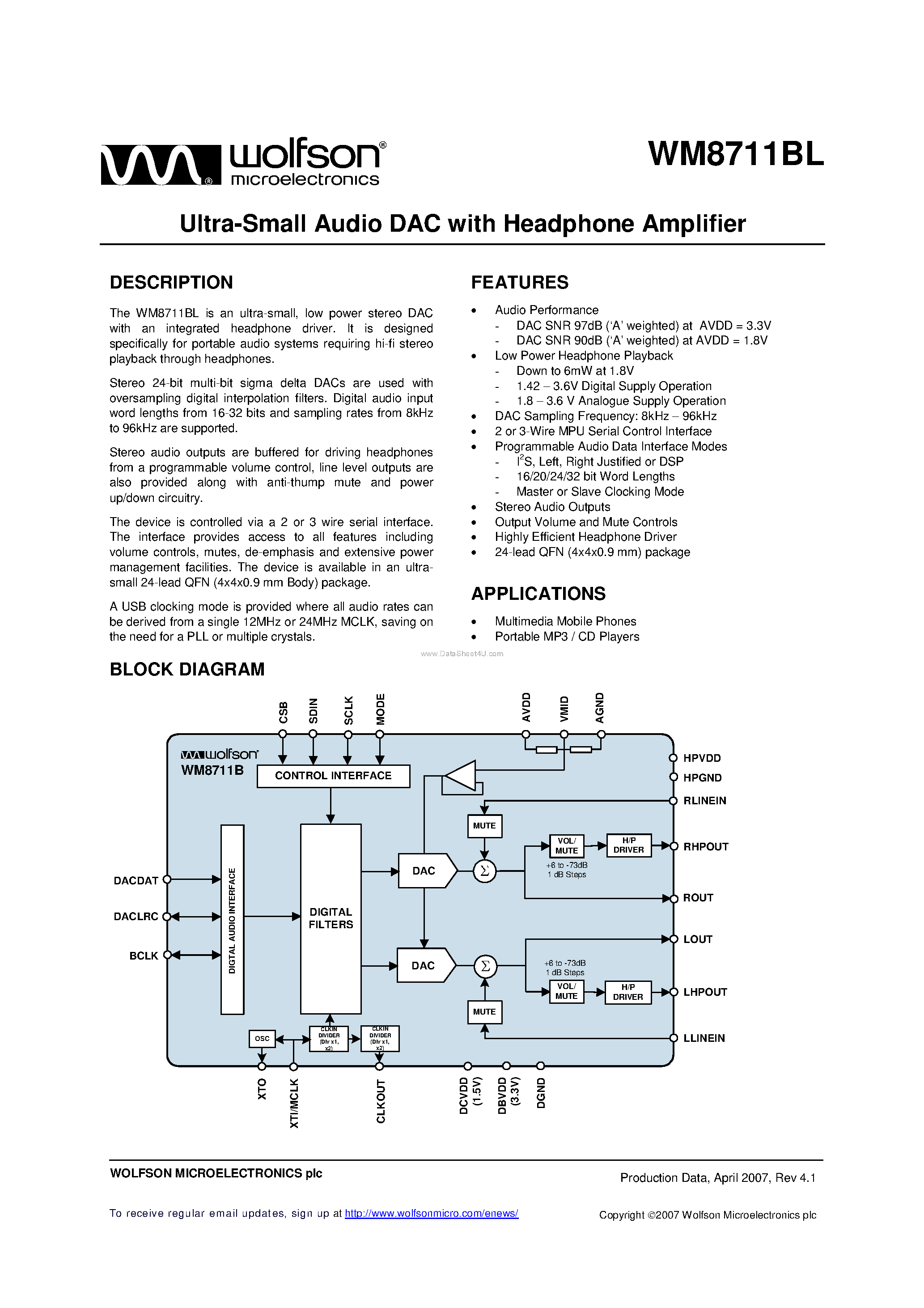 Datasheet WM8711BL - Ultra-Small Audio DAC page 1