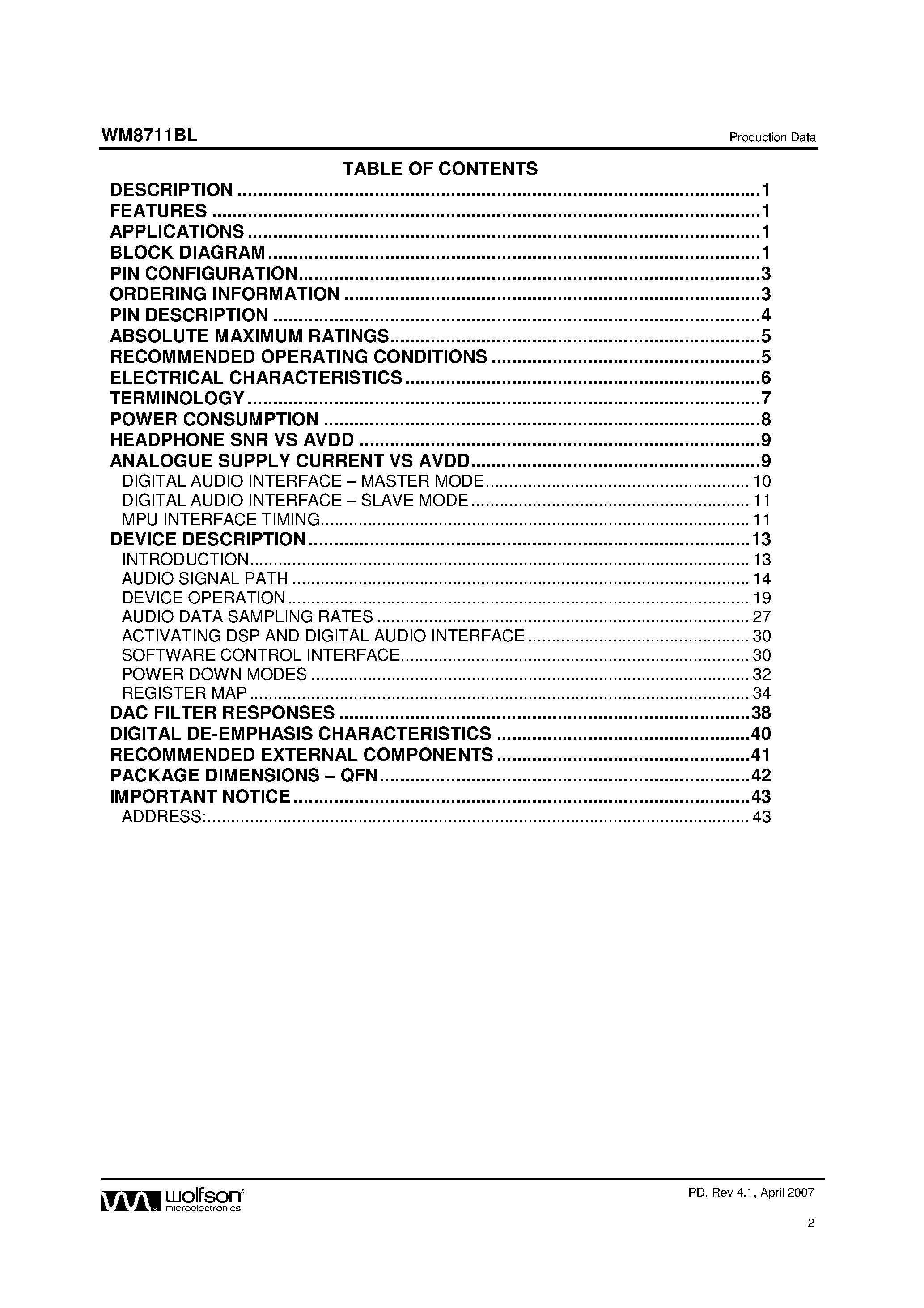 Datasheet WM8711BL - Ultra-Small Audio DAC page 2