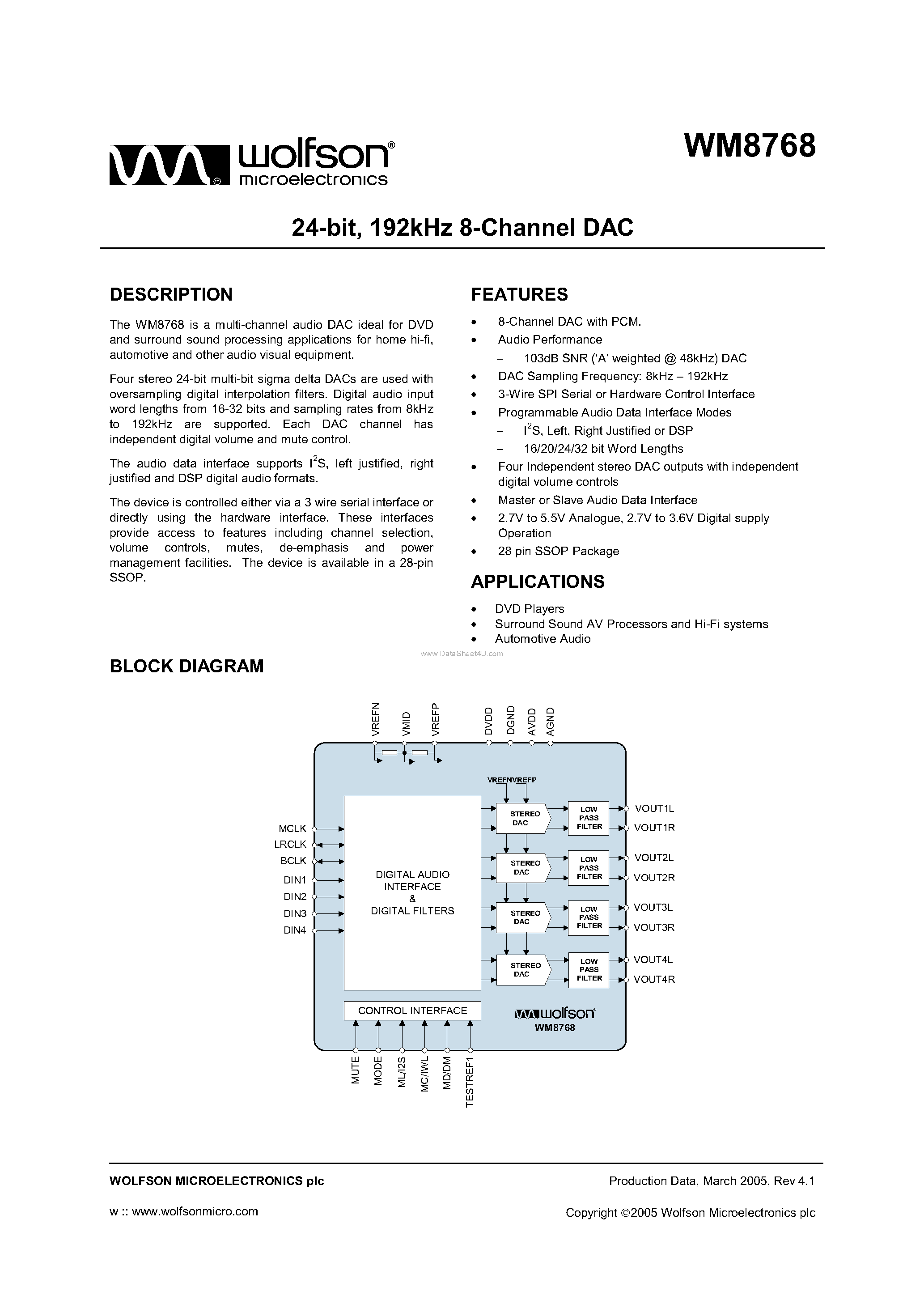 Datasheet WM8768 - 8-Channel DAC page 1