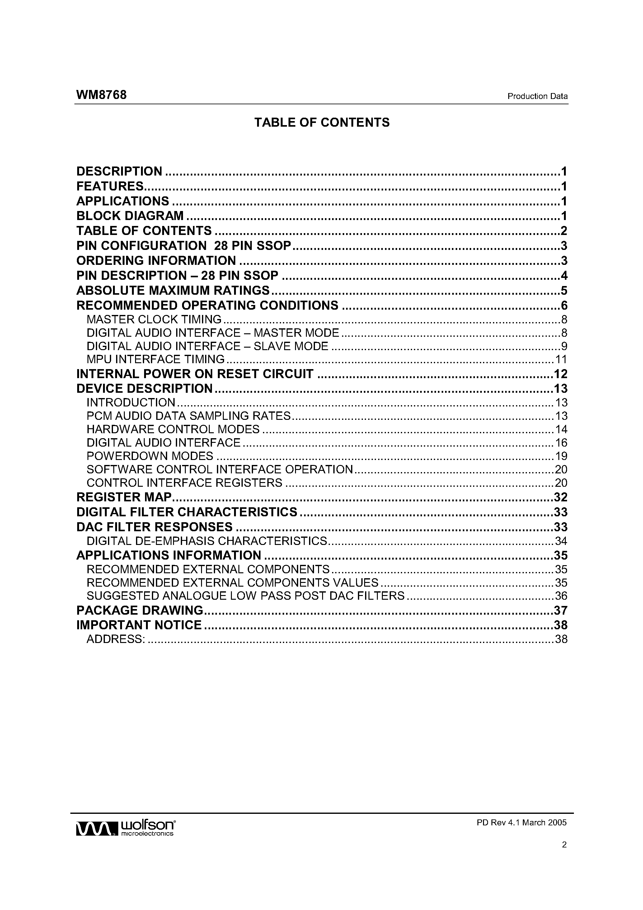 Datasheet WM8768 - 8-Channel DAC page 2