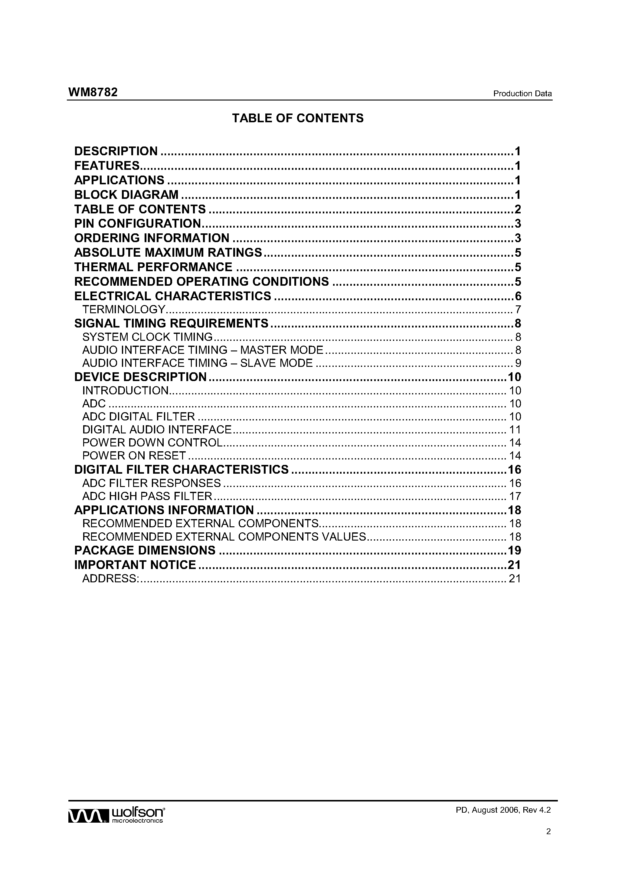 Datasheet WM8782 page 2 Datasheet WM8782 - Stereo ADC page 2