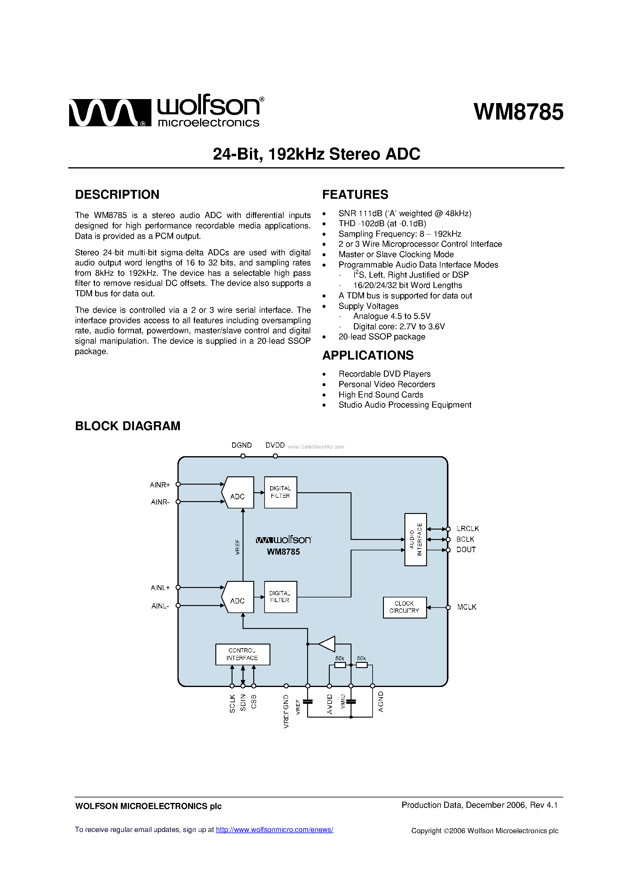 Datasheet WM8785 page 1 Datasheet WM8785 - Stereo ADC page 1
