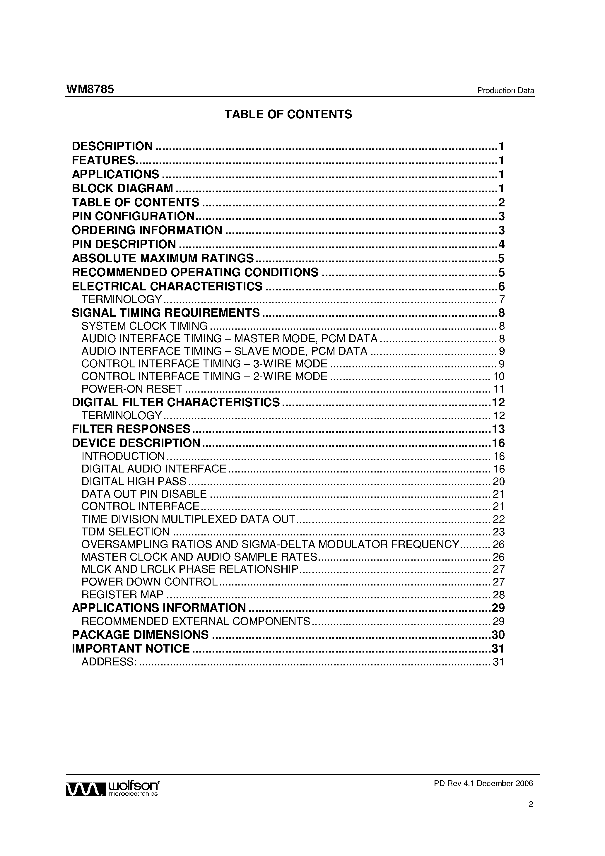 Datasheet WM8785 page 2 Datasheet WM8785 - Stereo ADC page 2