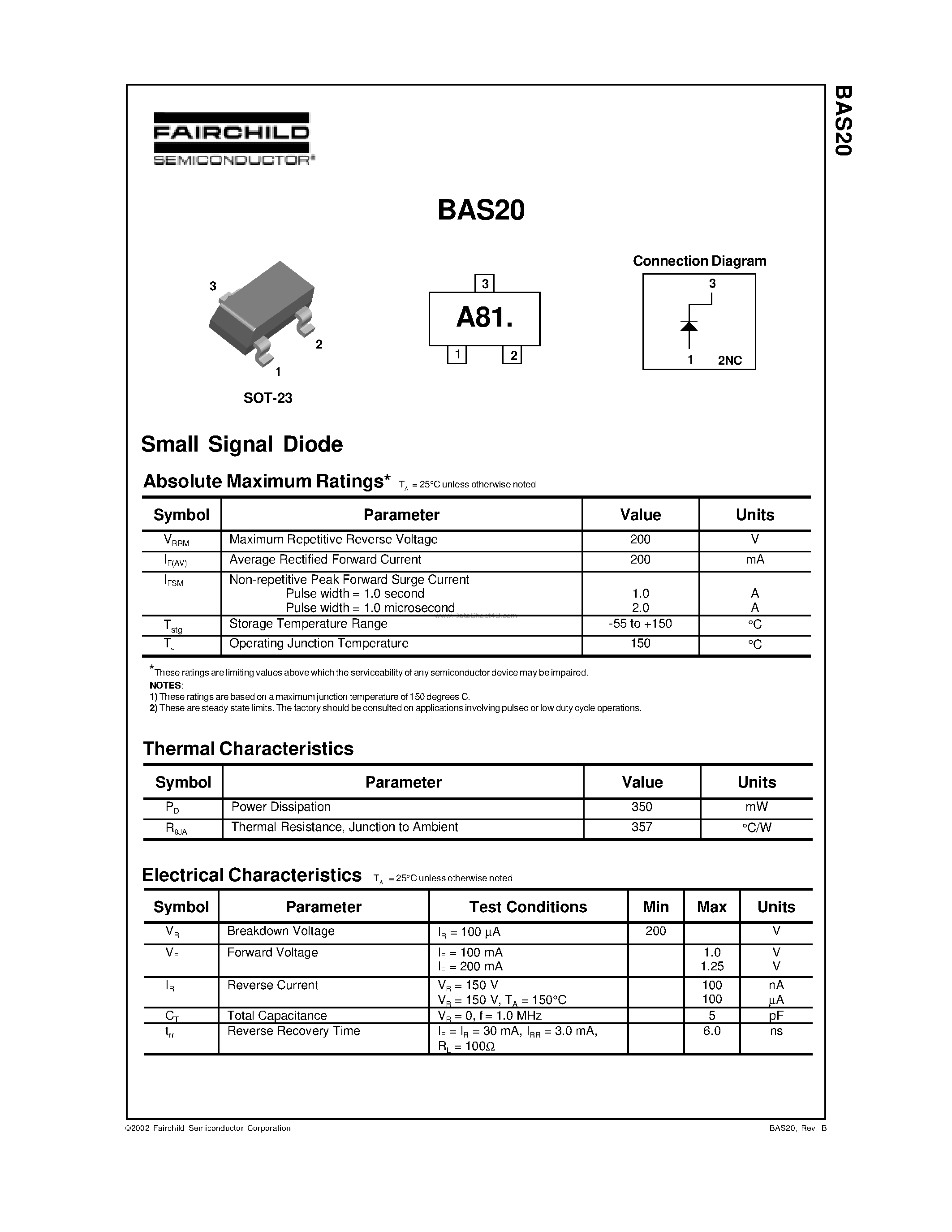 Datasheet BAS20 - Small Signal Diode page 1