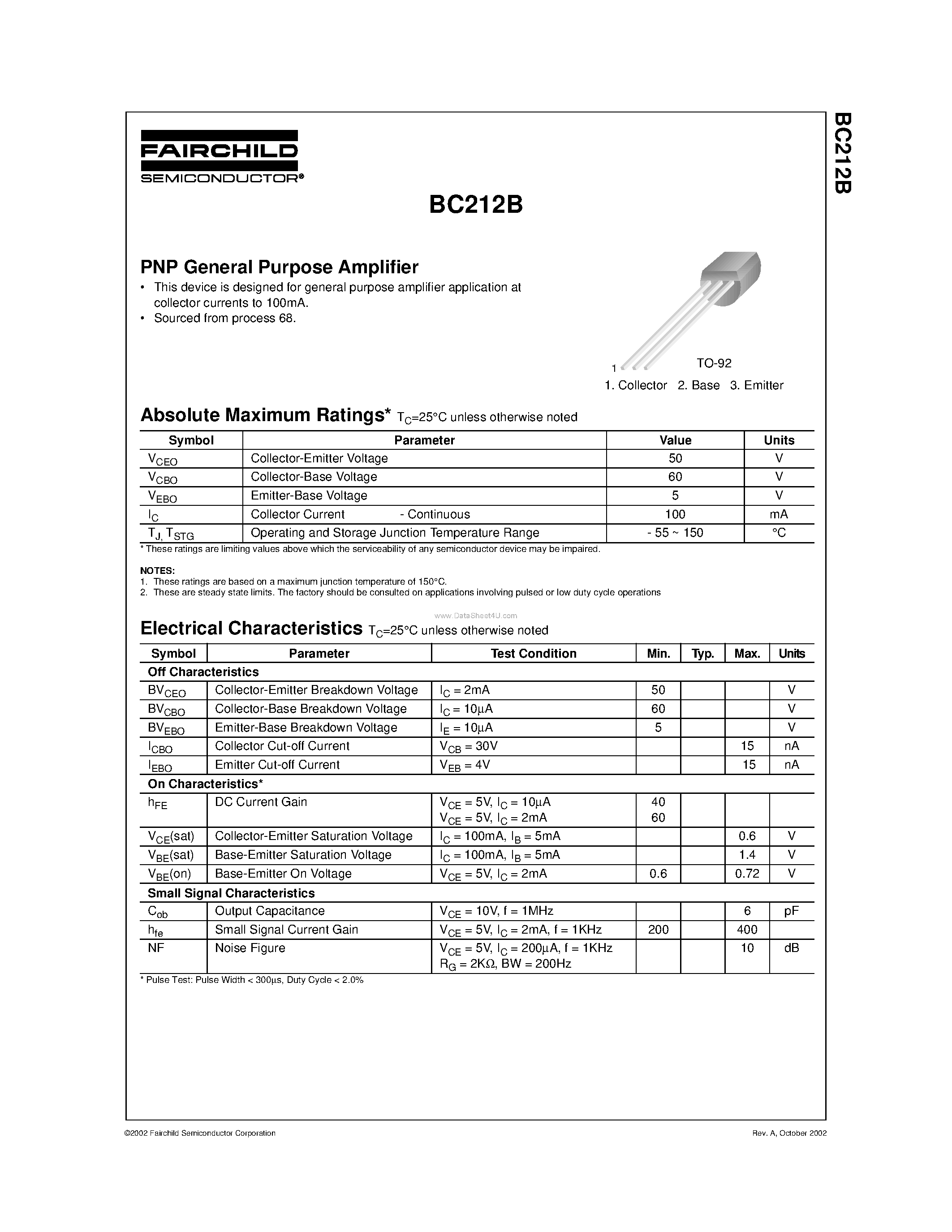 Datasheet BC212B - PNP General Purpose Amplifier page 1