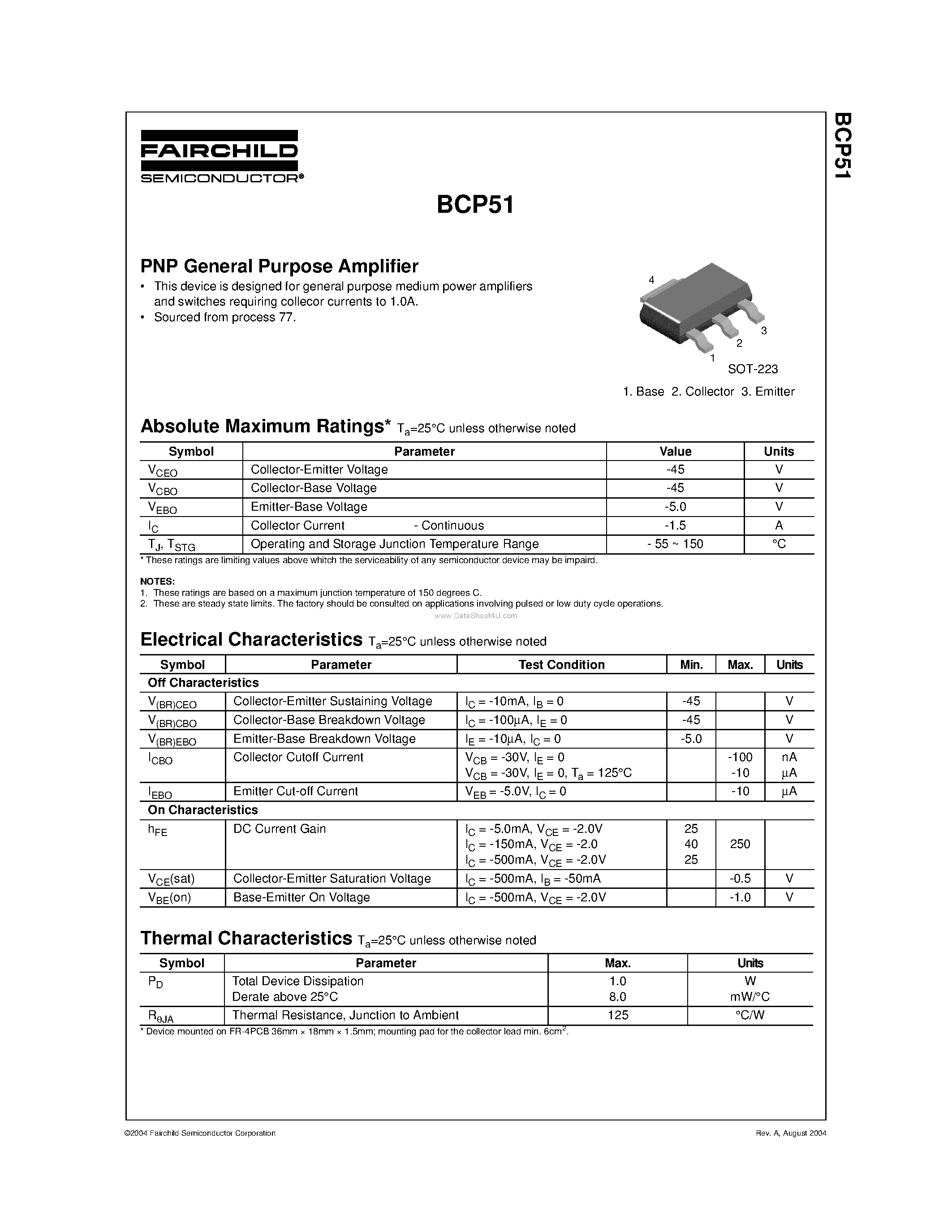 Даташит BCP51 - PNP General Purpose Amplifier страница 1