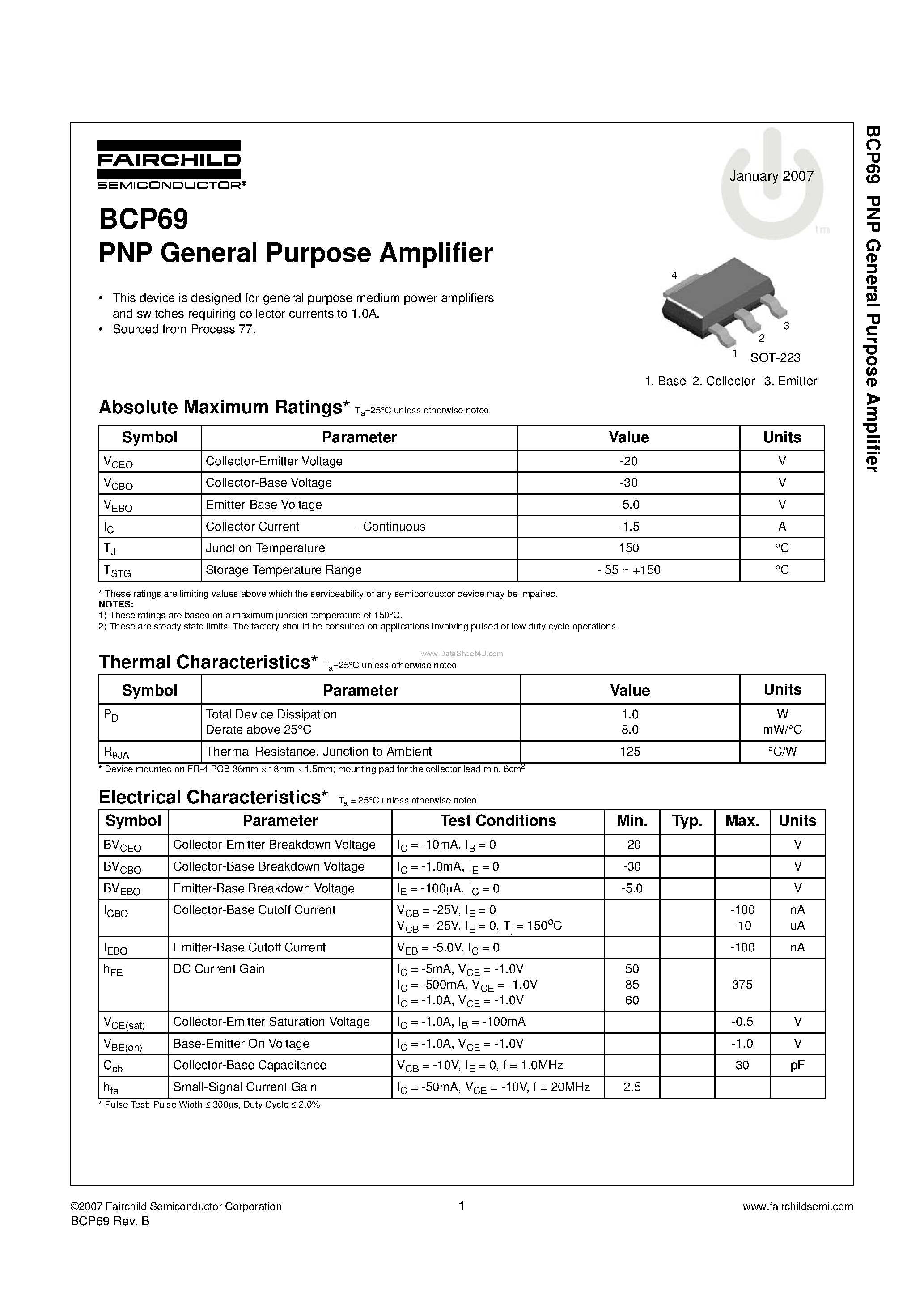 Даташит BCP69 - PNP General Purpose Amplifier страница 1