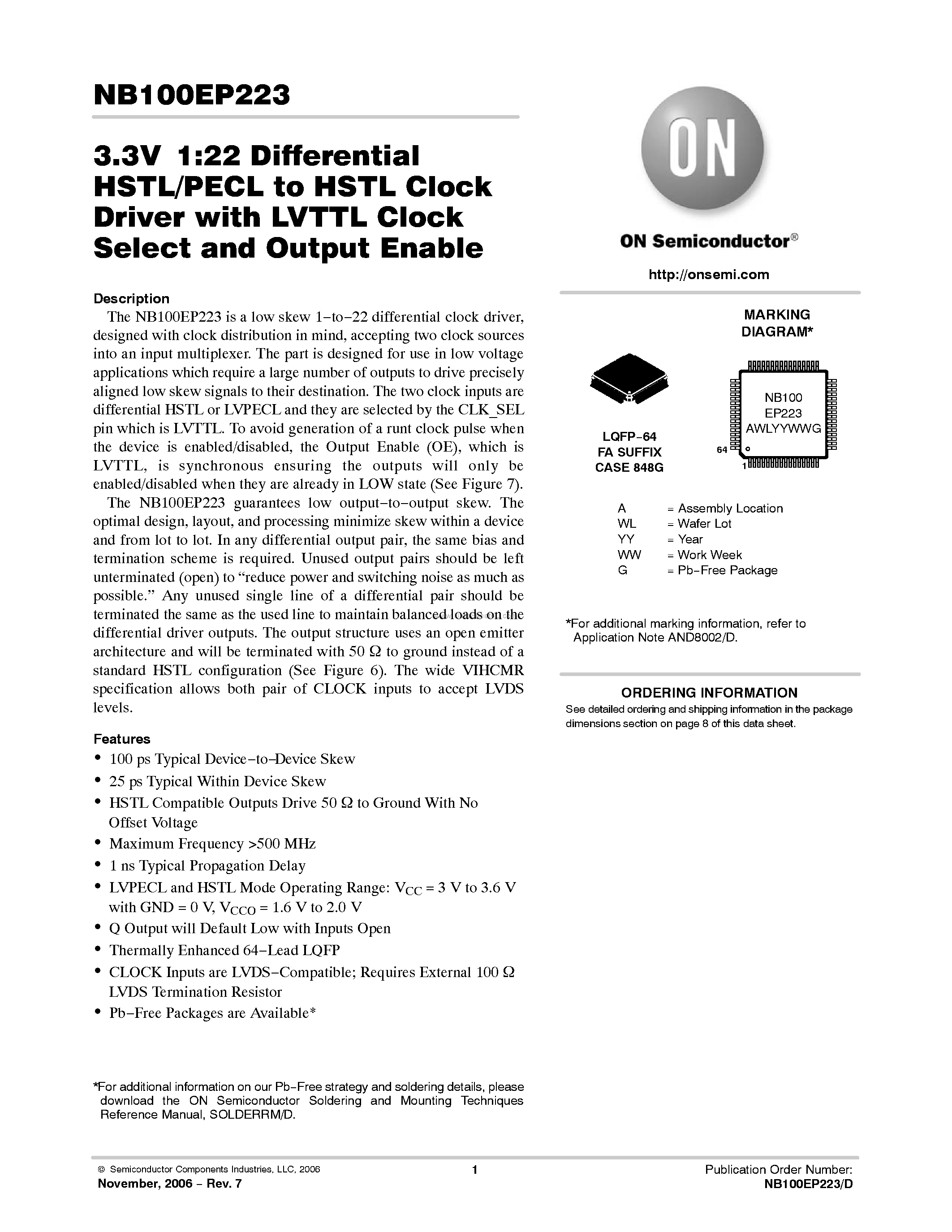 Даташит на микросхему NB100EP223 страница 1 Даташит NB100EP223 - 1:22 Differential HSTL/PECL to HSTL Clock Driver страница 1