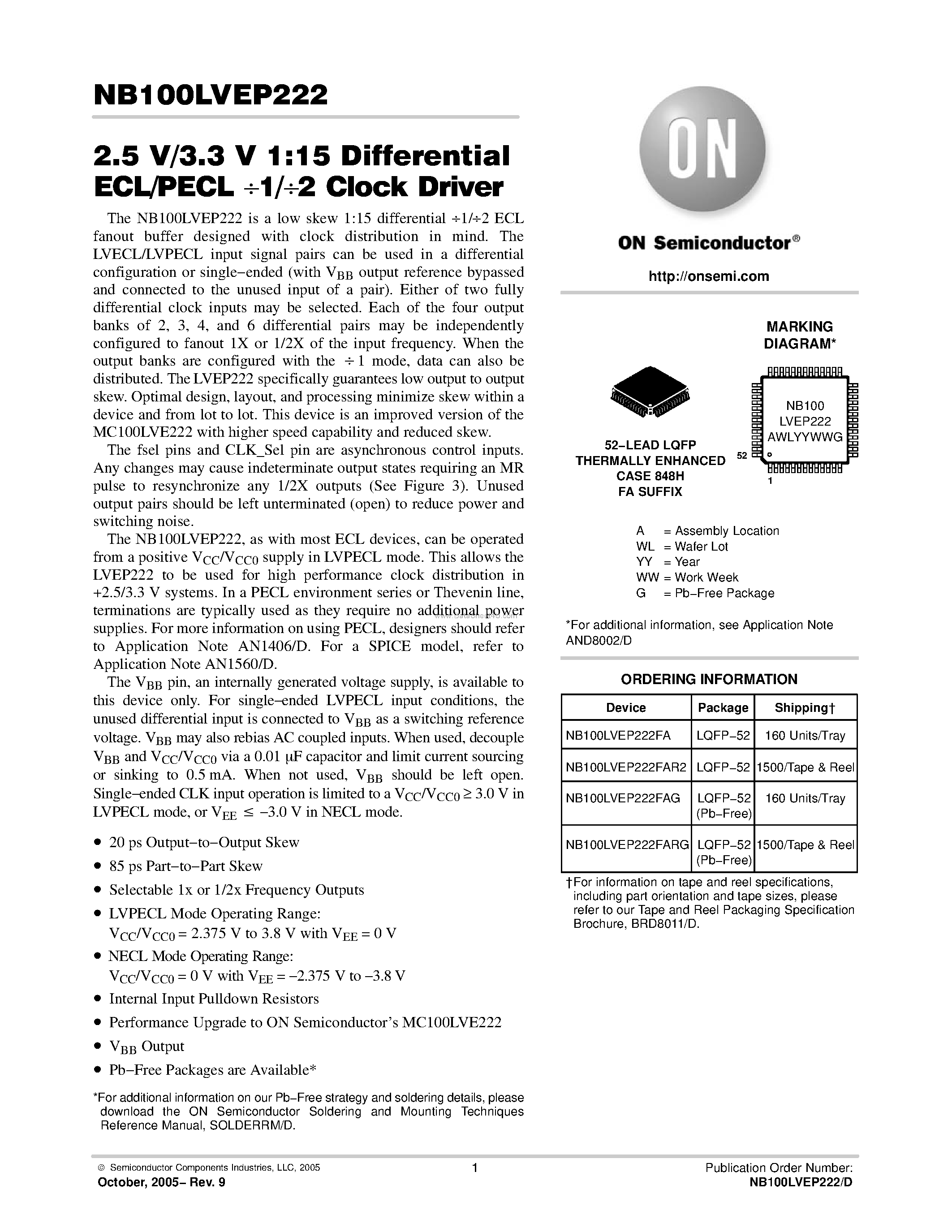 Datasheet NB100LVEP222 - 1:15 Differential ECL/PECL /1 /2 Clock Driver page 1