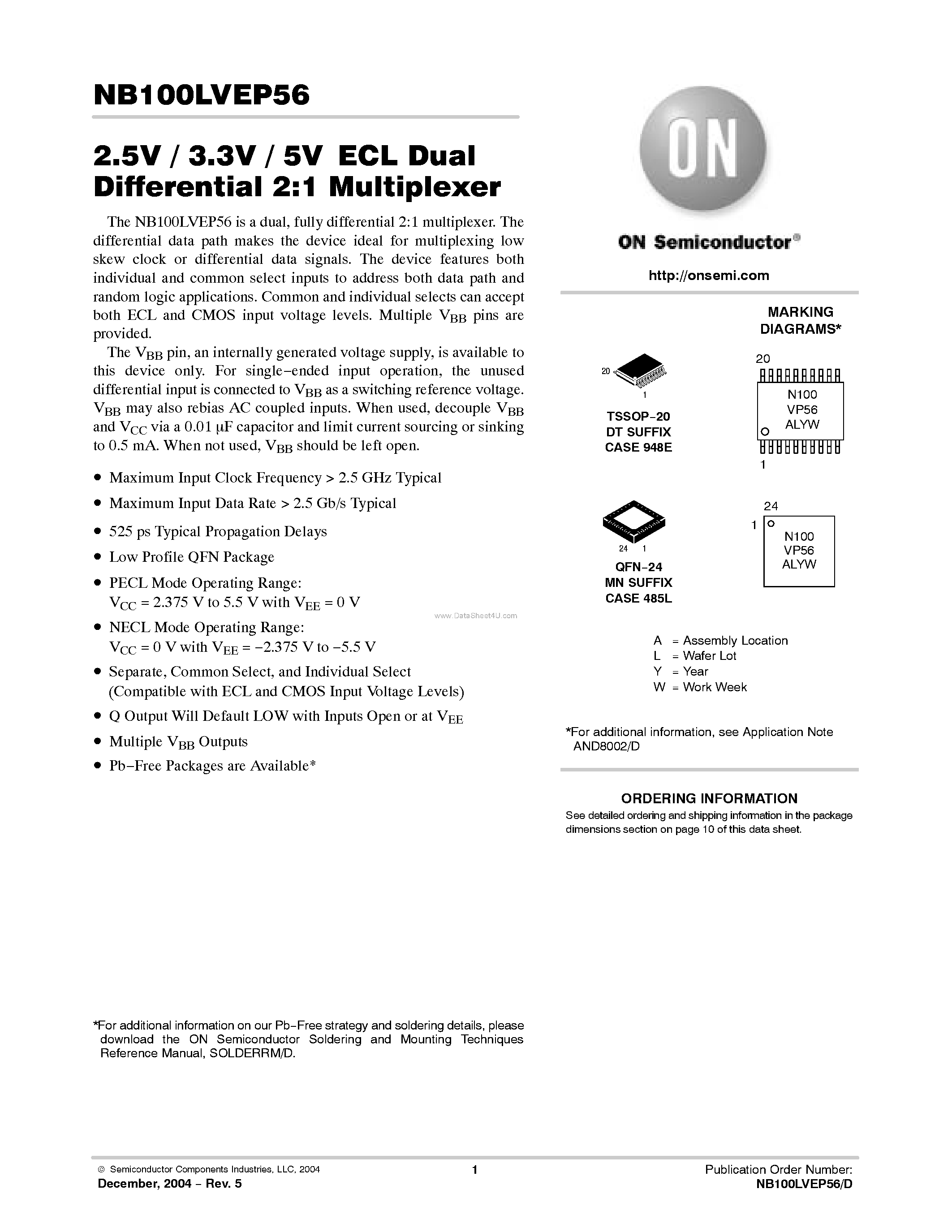 Datasheet NB100LVEP56 - ECL Dual Differential 2:1 Multiplexer page 1