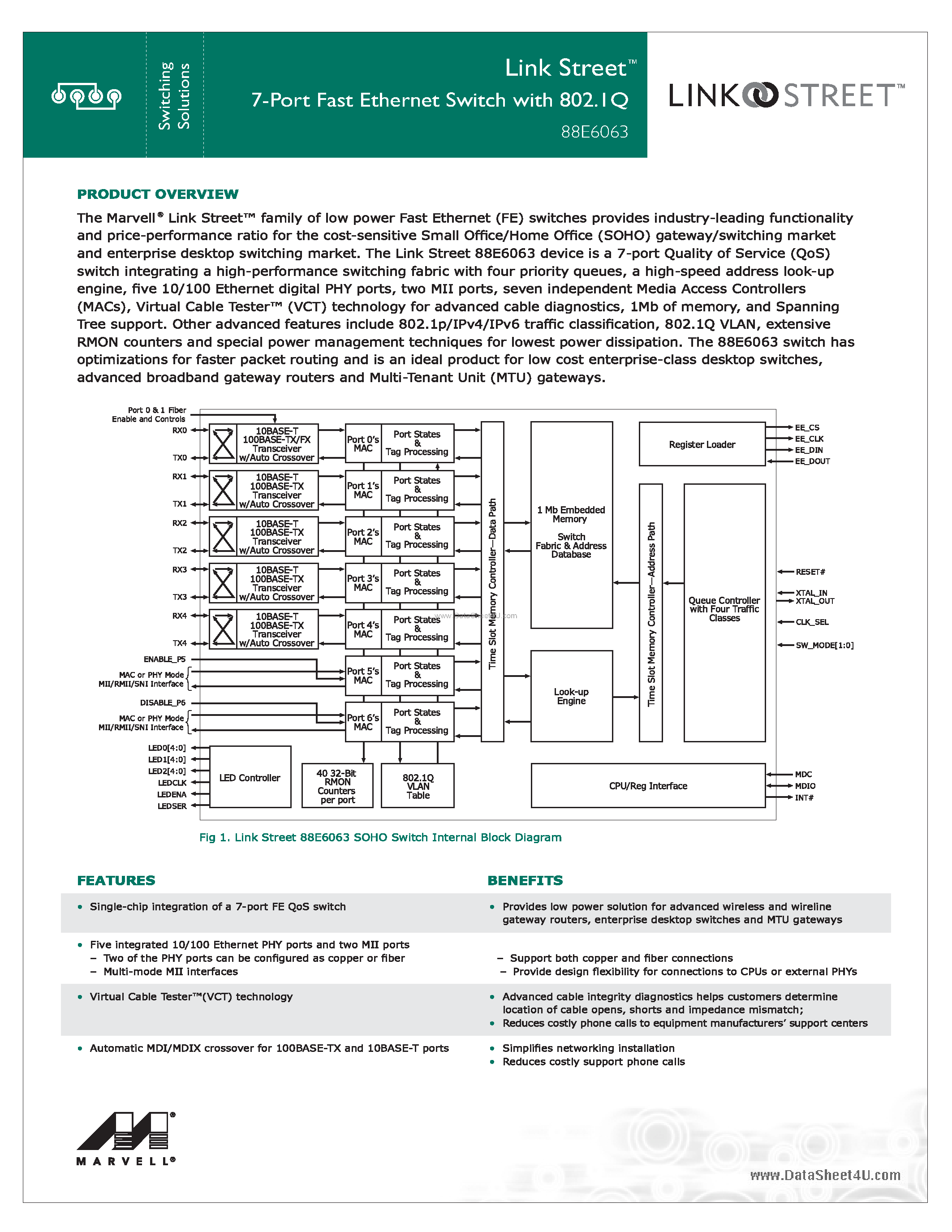 Даташит 88E6063 - 7-Port Fast Ethernet Switch страница 1