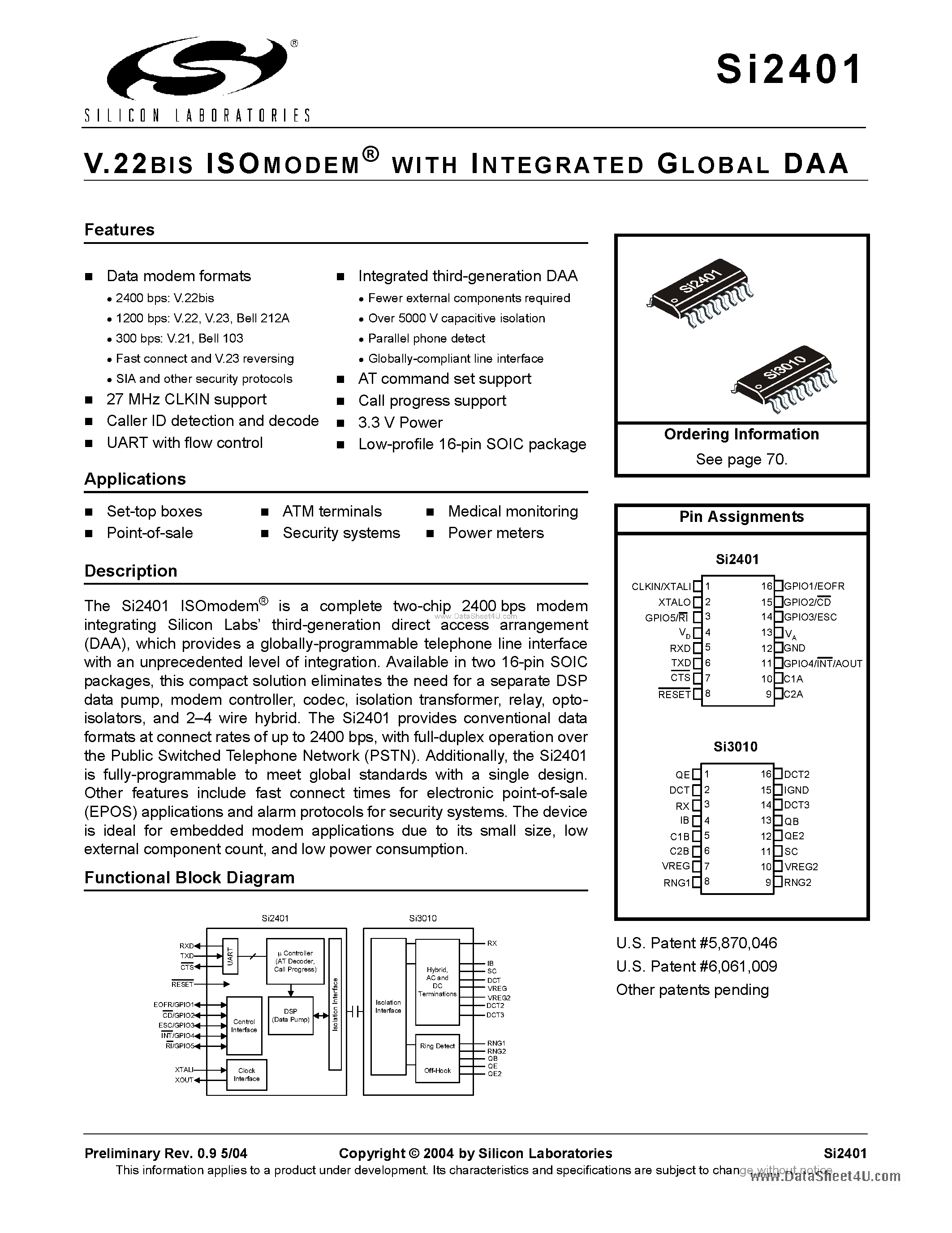 Даташит SI2401 - V.22BIS ISOMODEM страница 1