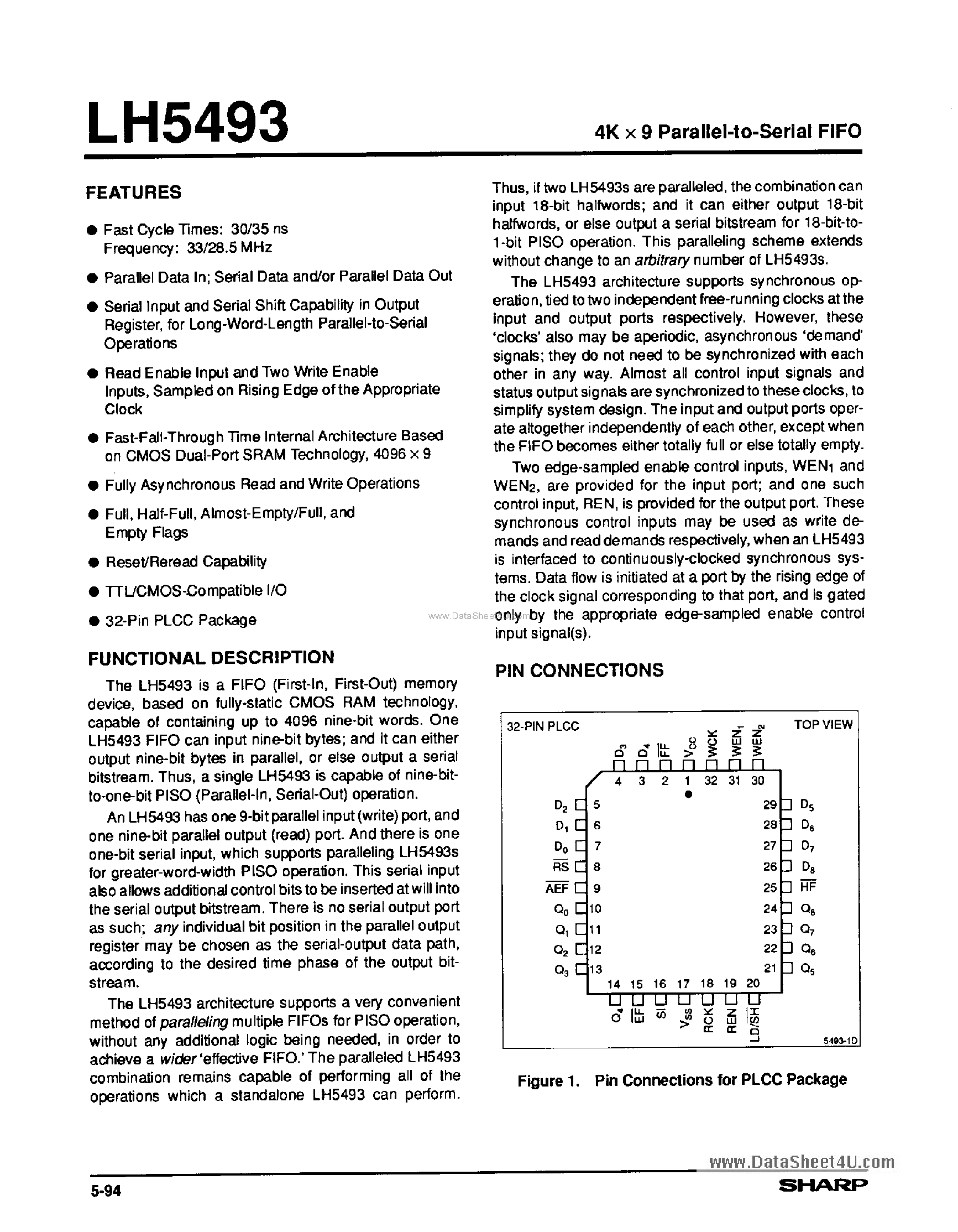 Datasheet LH5493 - 4K x 9 Parallel to Serial FIFO page 1
